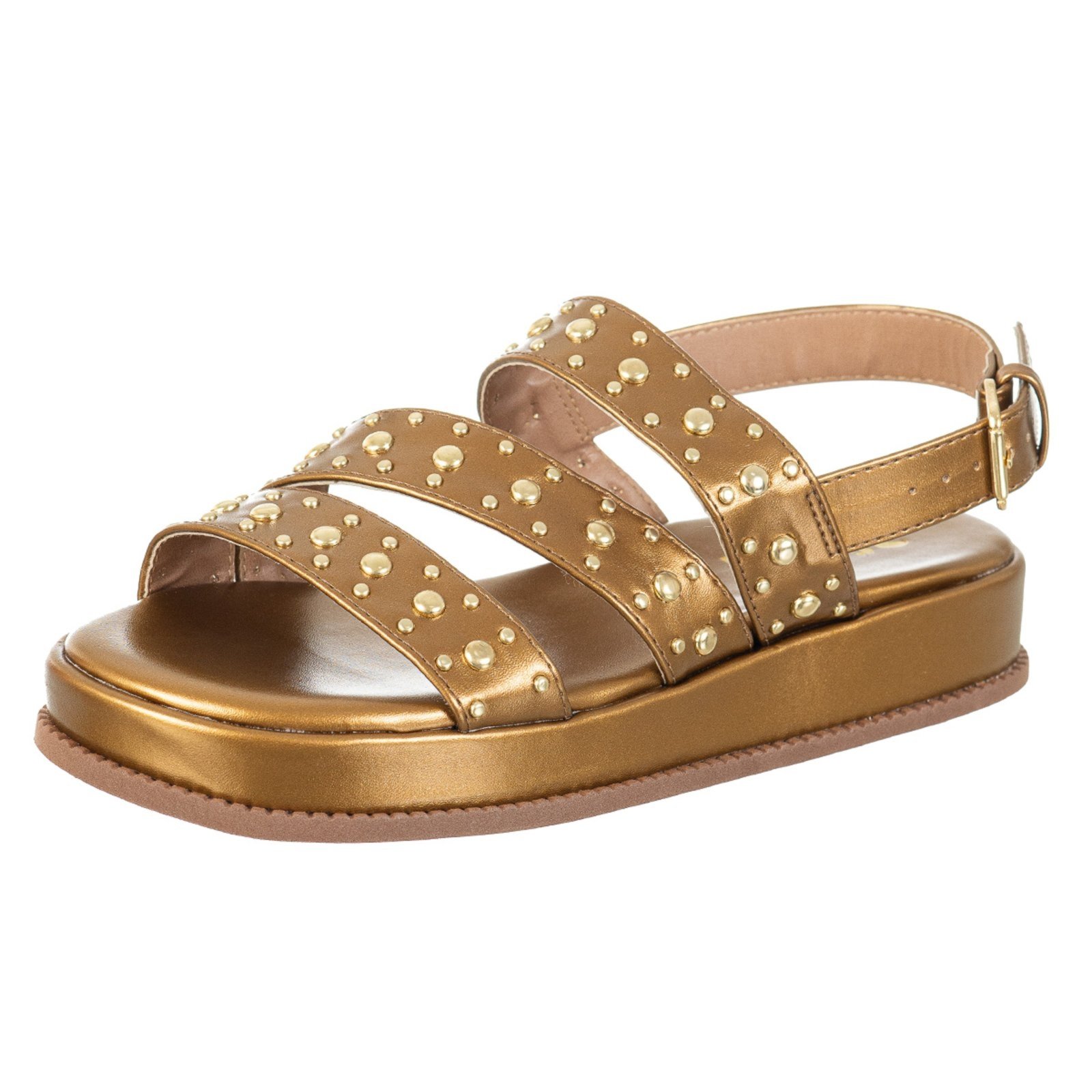 Sandália Papete Feminina FlatForm Via Birigui Com Enfeites e Spikes Bronze