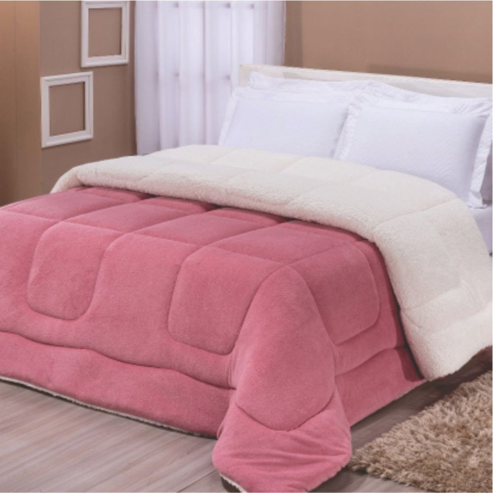 Edredom Coberdrom Fenix Solteiro Sherpa e Manta - Rosa - 100% Poliéster