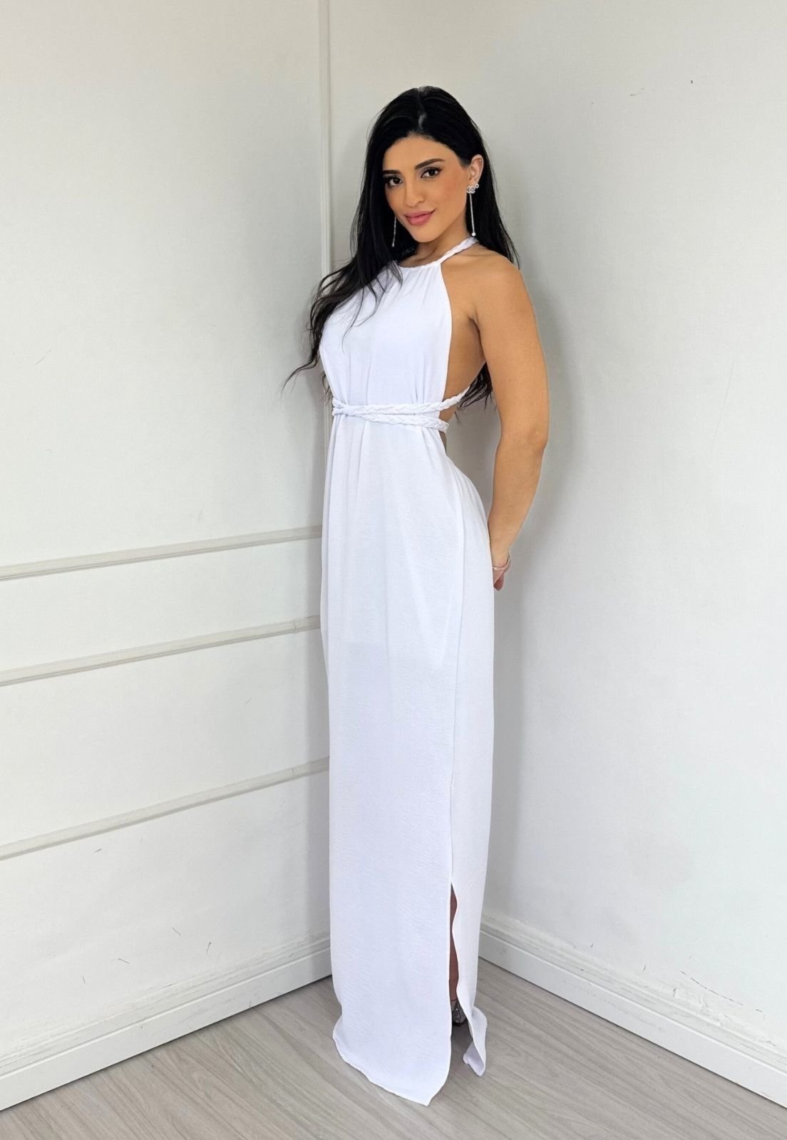 Vestido Longo Frente Única Amarração Réveillon Ano Novo Esther Branco