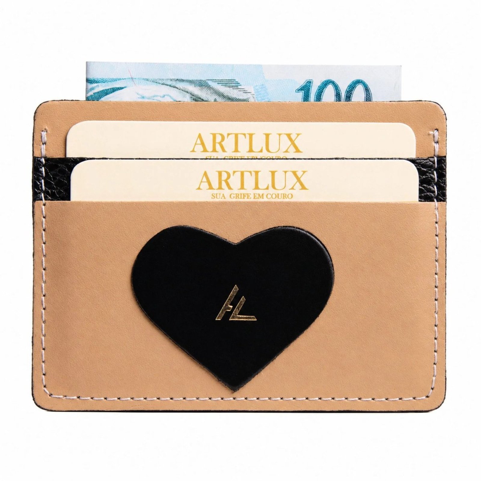 Porta Cartões e CNH em Couro Black Heart Artlux 3094 Amêndoa