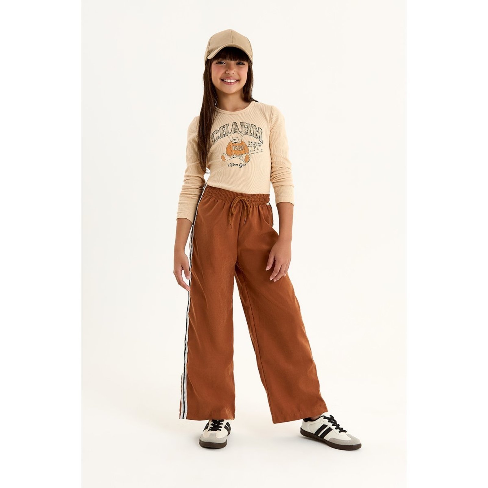 Infantil - Conjunto Menina com Blusa e Calça Wide em Nylon