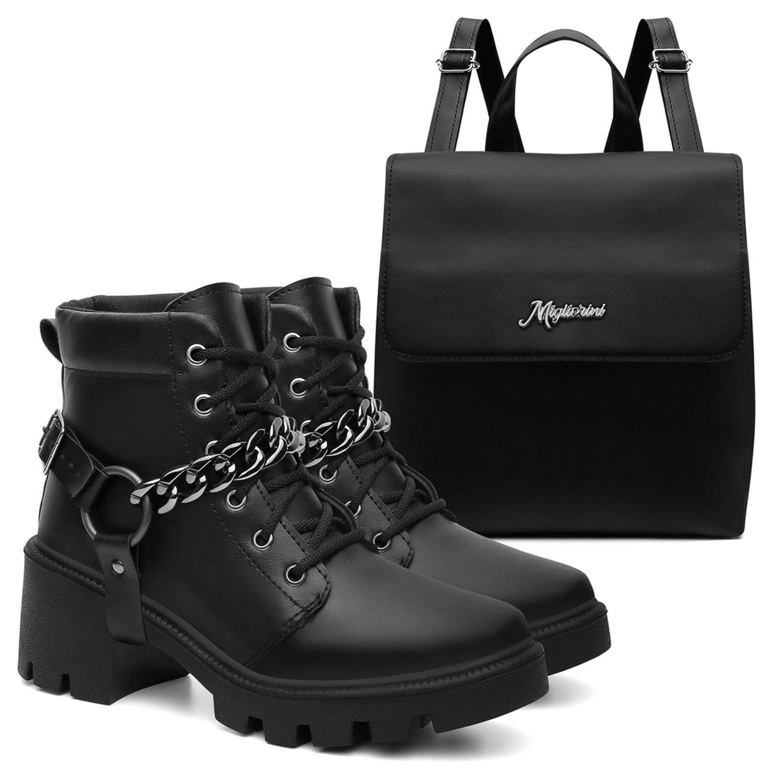 Bota Coturno Tratorado Preto Plataforma Blogueira Acessório Cabresto Removível Bolsa Ombro Fashion