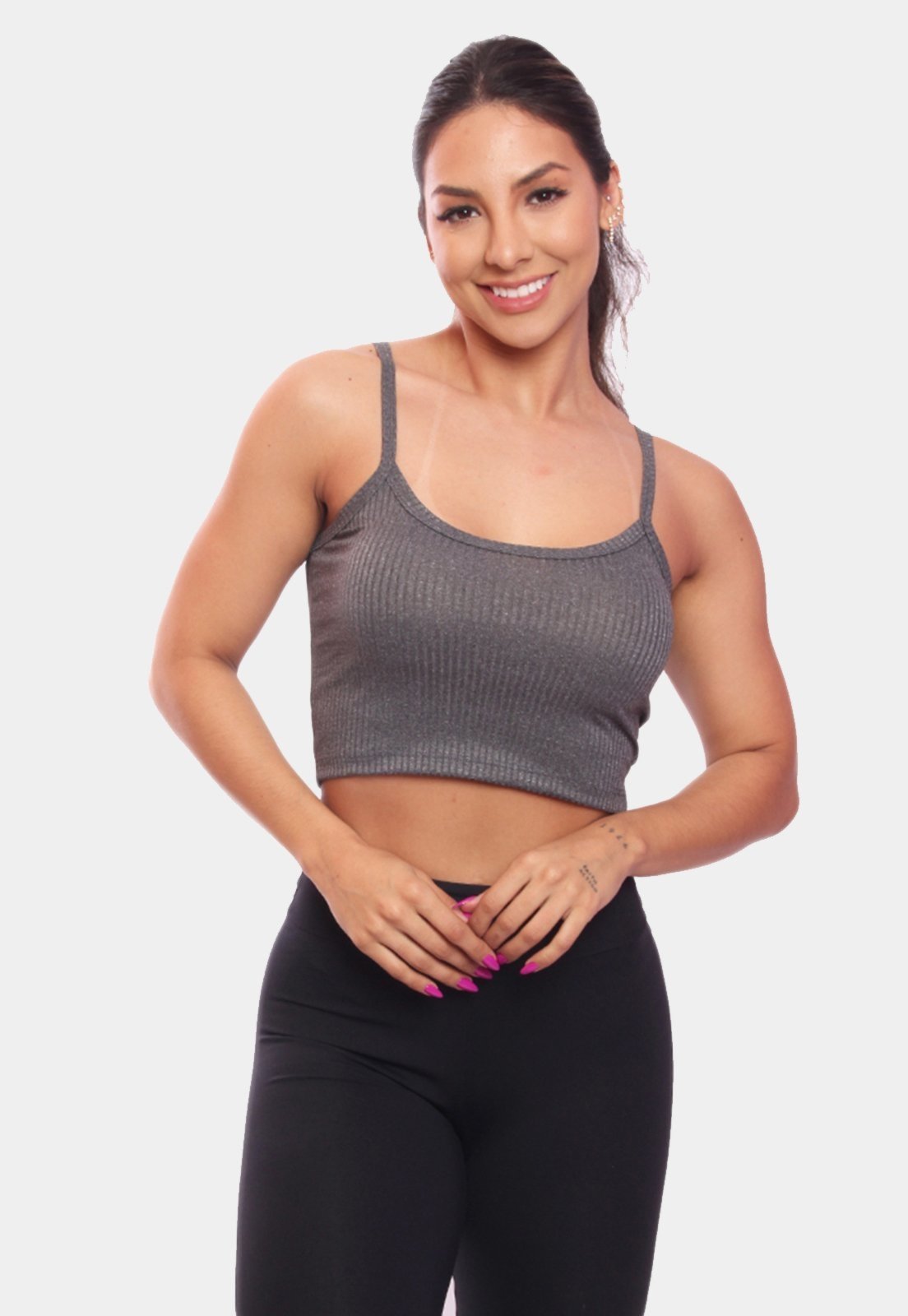 Top Cropped Alcinha Canelado Feminino Lisa Blusa Blusinha Básica Cinza