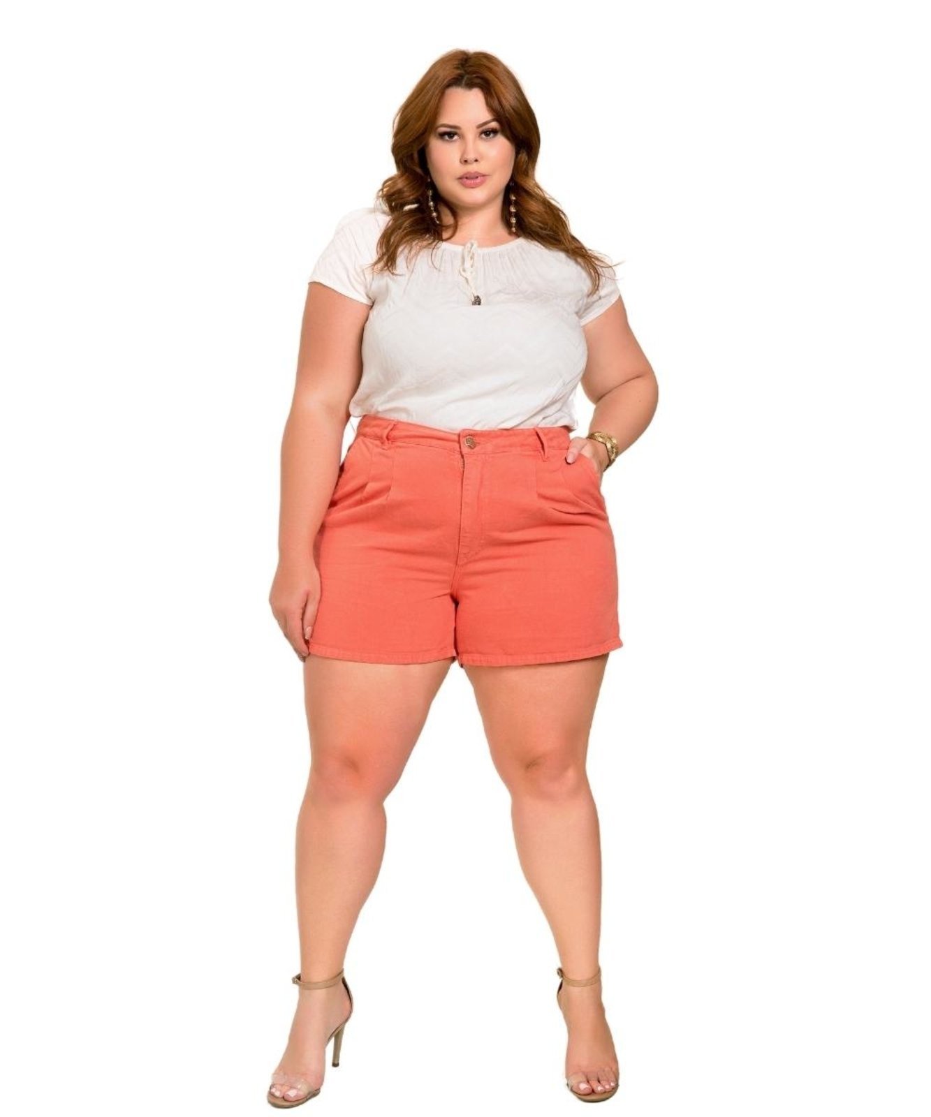 Shorts Feminino Sarja Plus Baggy Razon Jeans Coral
