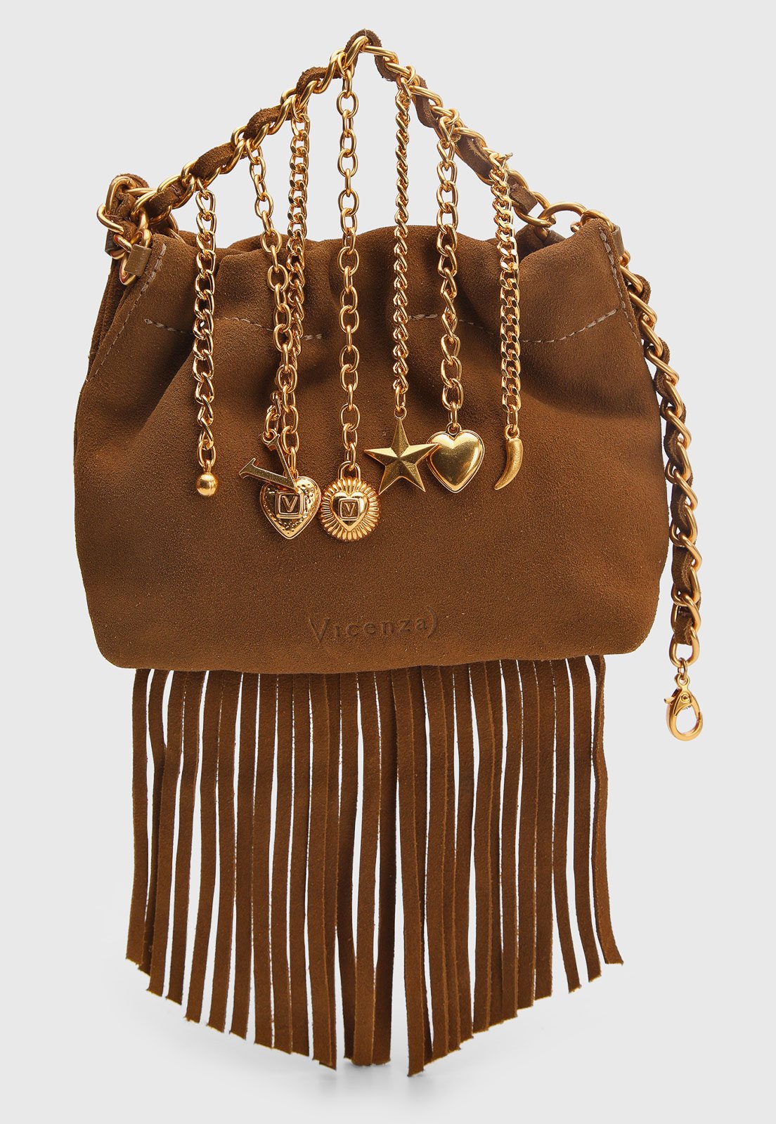 Bolsa Média Feminina Vicenza Franjas e Charms Caramelo