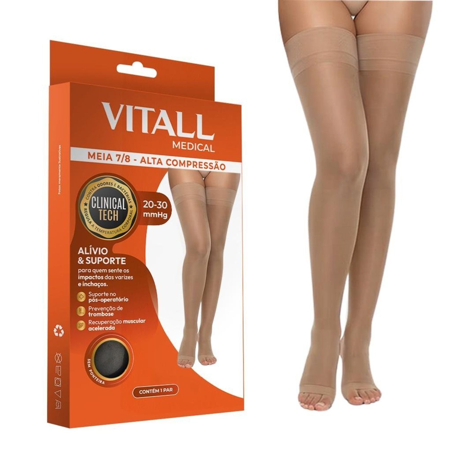 Meia Alta Compressão Sem Ponteira Vitall Medical 7/8 Inchaço Pós Cirurgia Bege