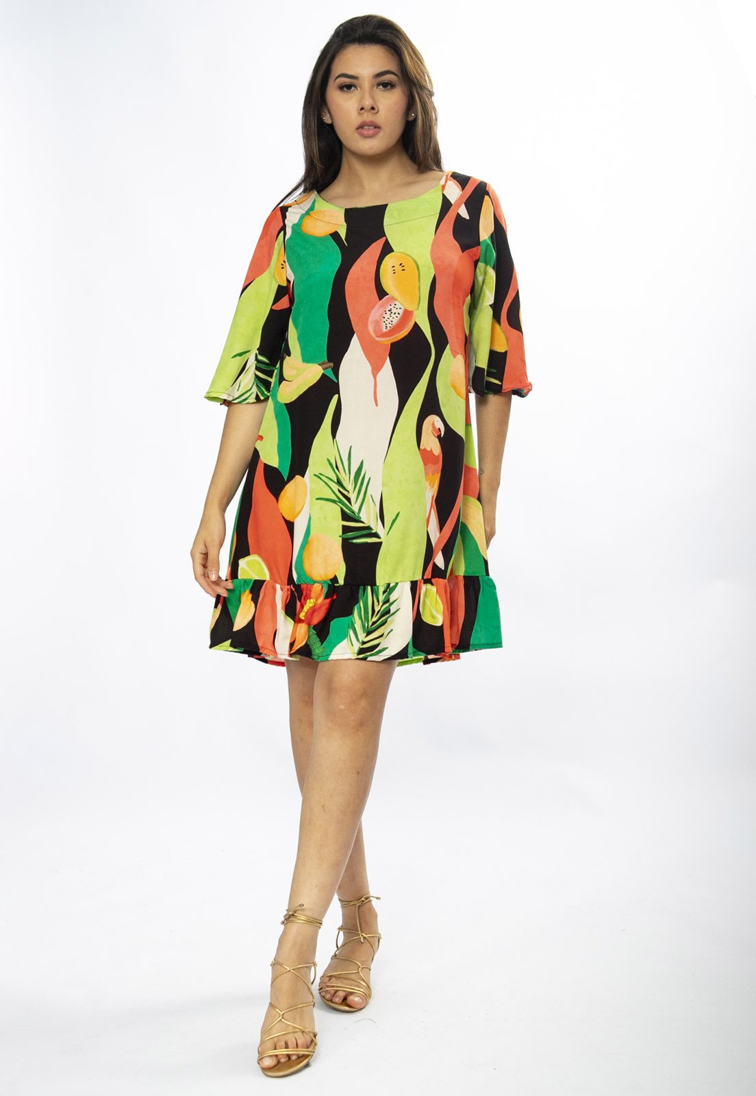 Vista 3 Vestido Amazonia Vital Curto Viscose Estampa Festival Tropical Amazonia Vital amarelo/estampado/laranja/verde