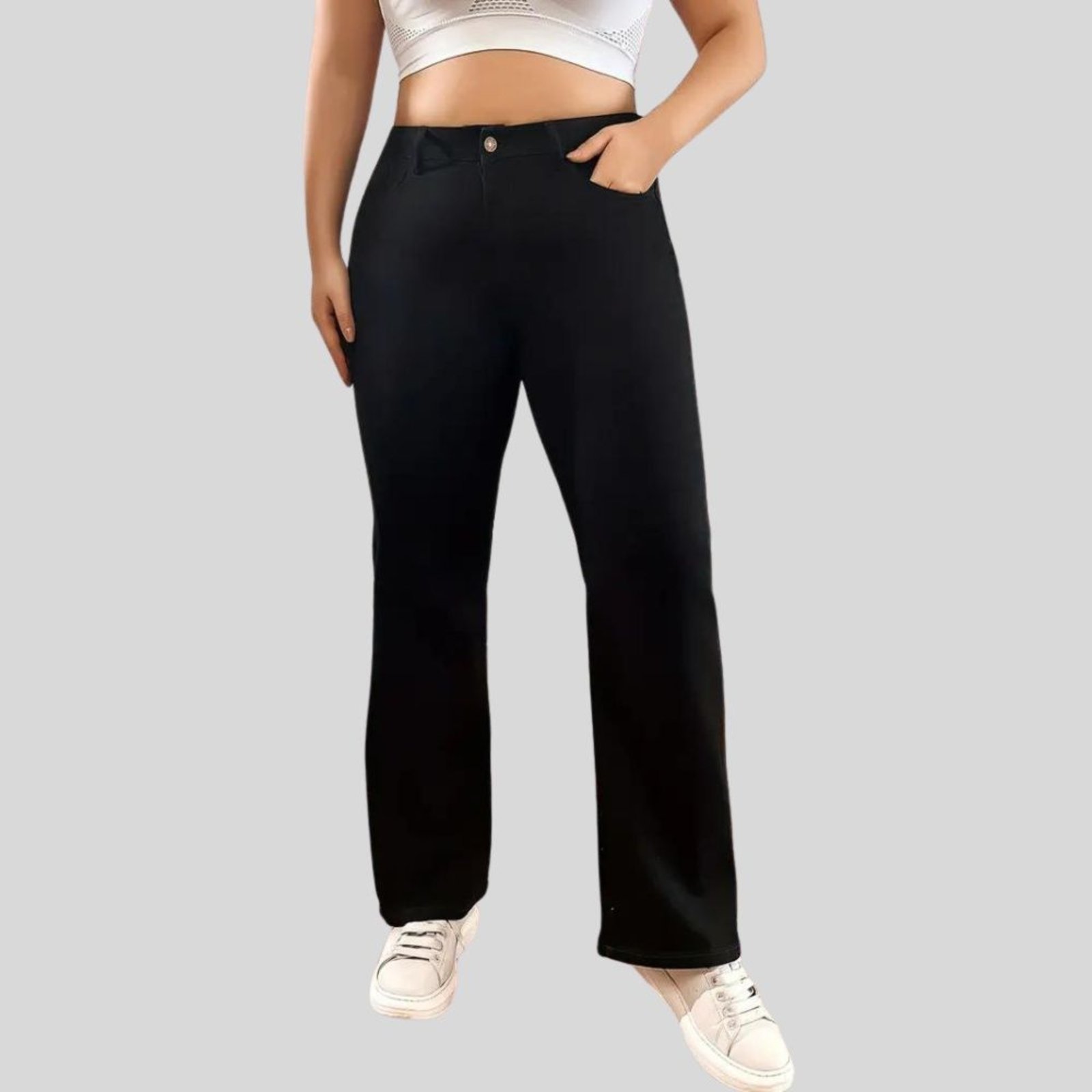 Vista 2 Calça Feminina Plus Size Corte Reto Preta com Cintura Alta e Empina Bumbum TEX JEANS TEX JEANS jeans