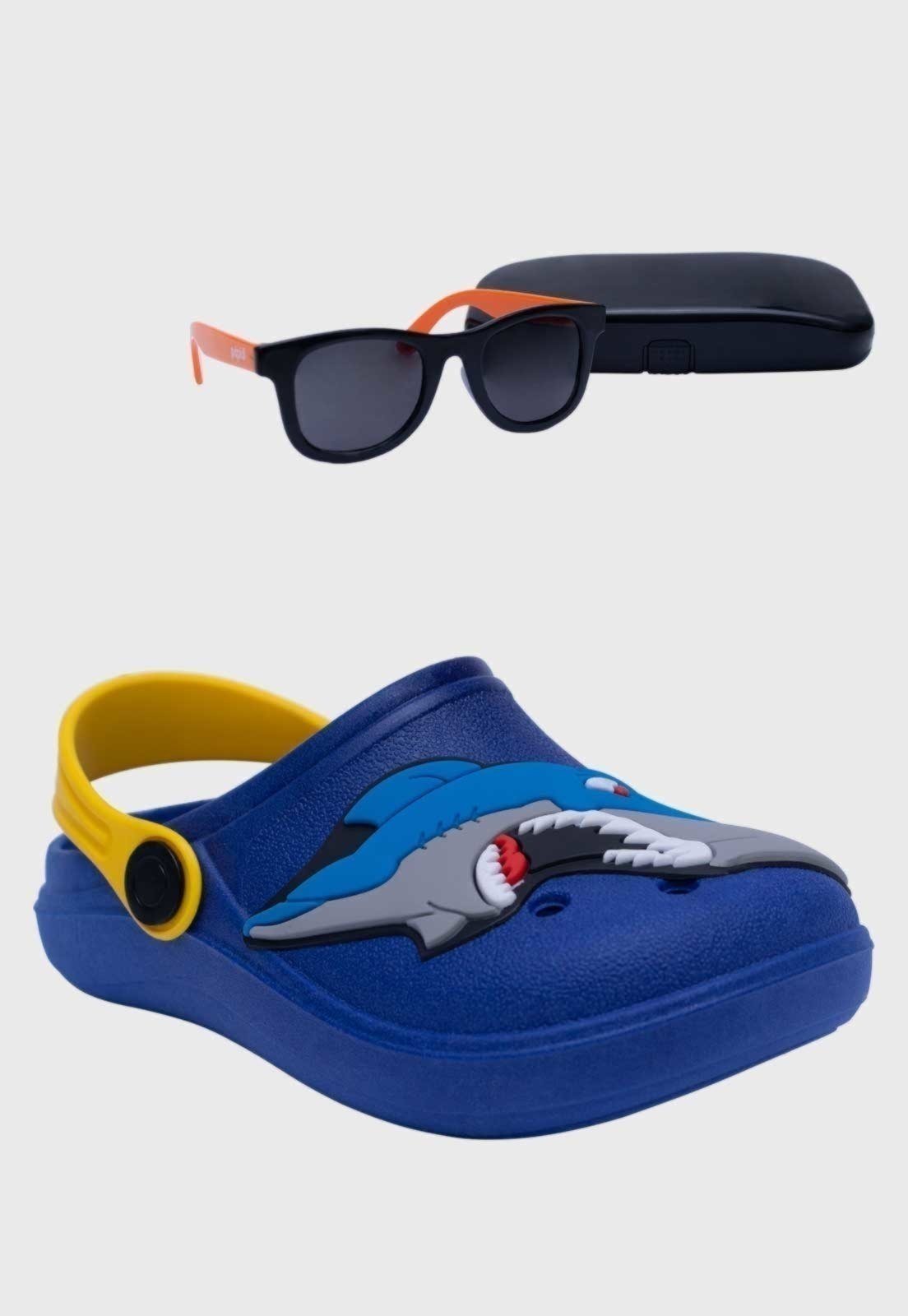 Infantil – Kit Babuche Tubarão Pópidi Azul Royal e Óculos de Sol Laranja com Capinha