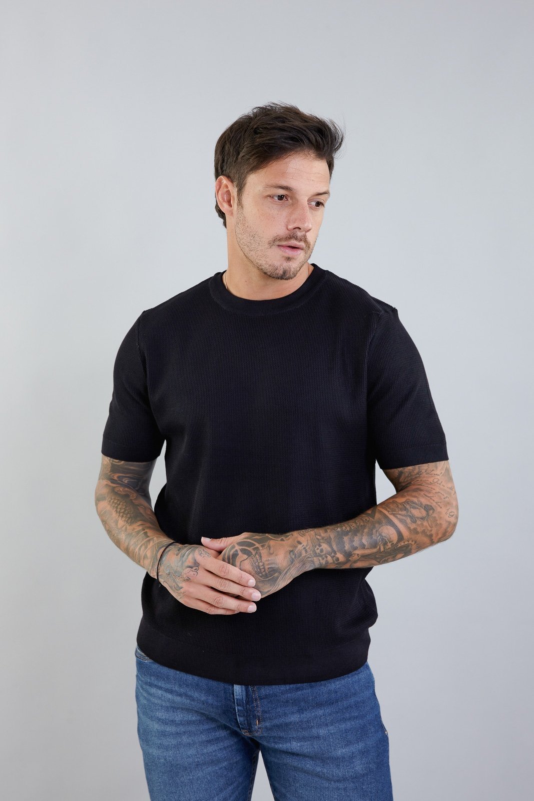 Camiseta de Tricot Masculina Canelada Manga Curta Preto Dialogo