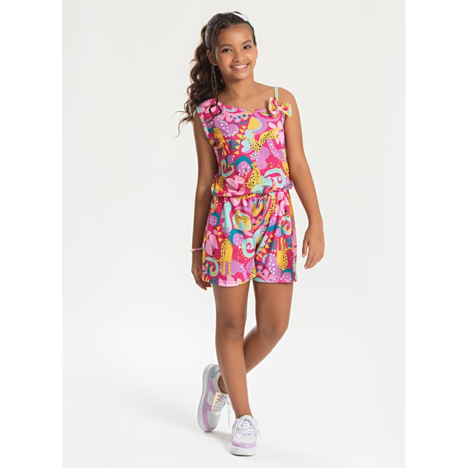 Infantil – Macaquinho Alcinha com Laço Verão Menina Pink Safari Colorido