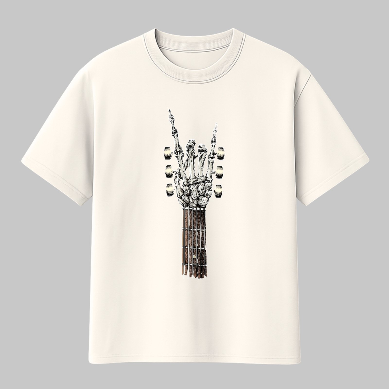 Camiseta Básica Guitarra Caveira Rock and Roll Style Unissex Off White
