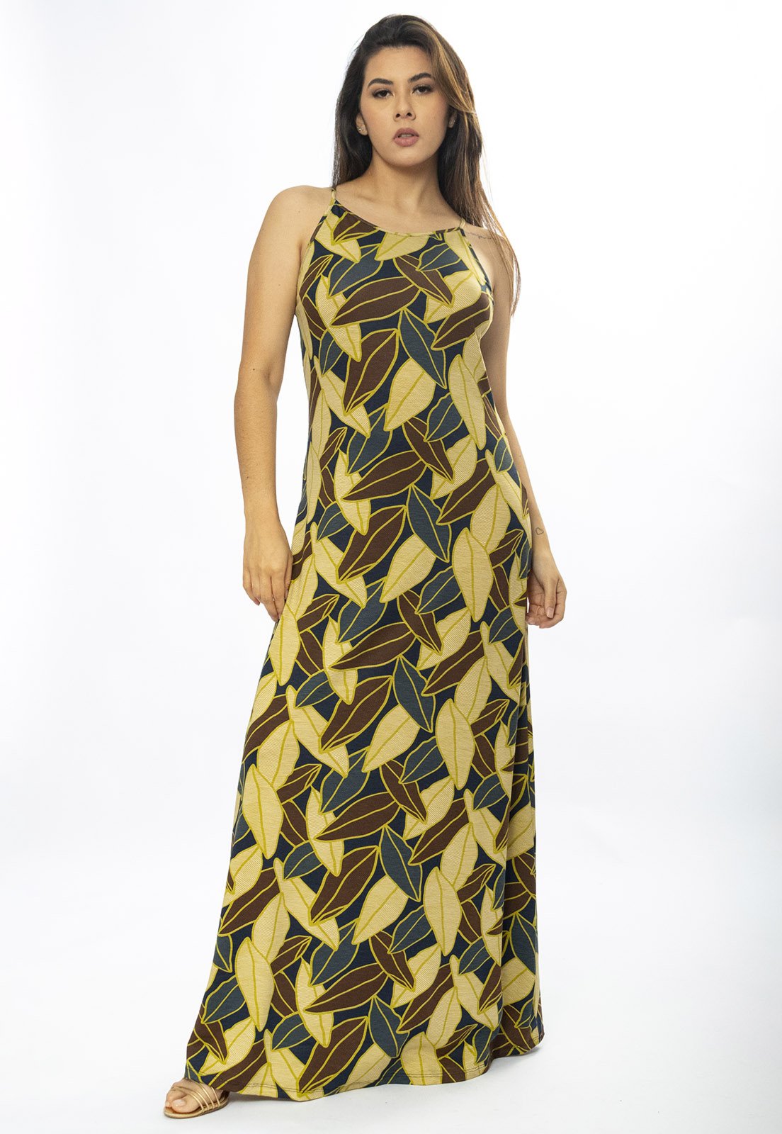 Vestido Longo Cabanafree Malha Trapézio Folhas de Outono