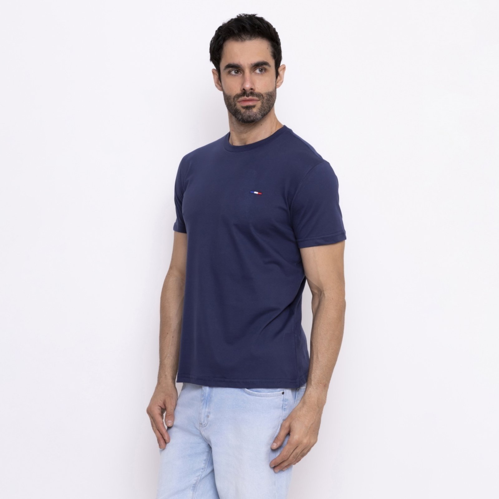 Camiseta Masculina Básica FMF com Bordado no Estilo Tommy Algodão Premium França Azul Marinho