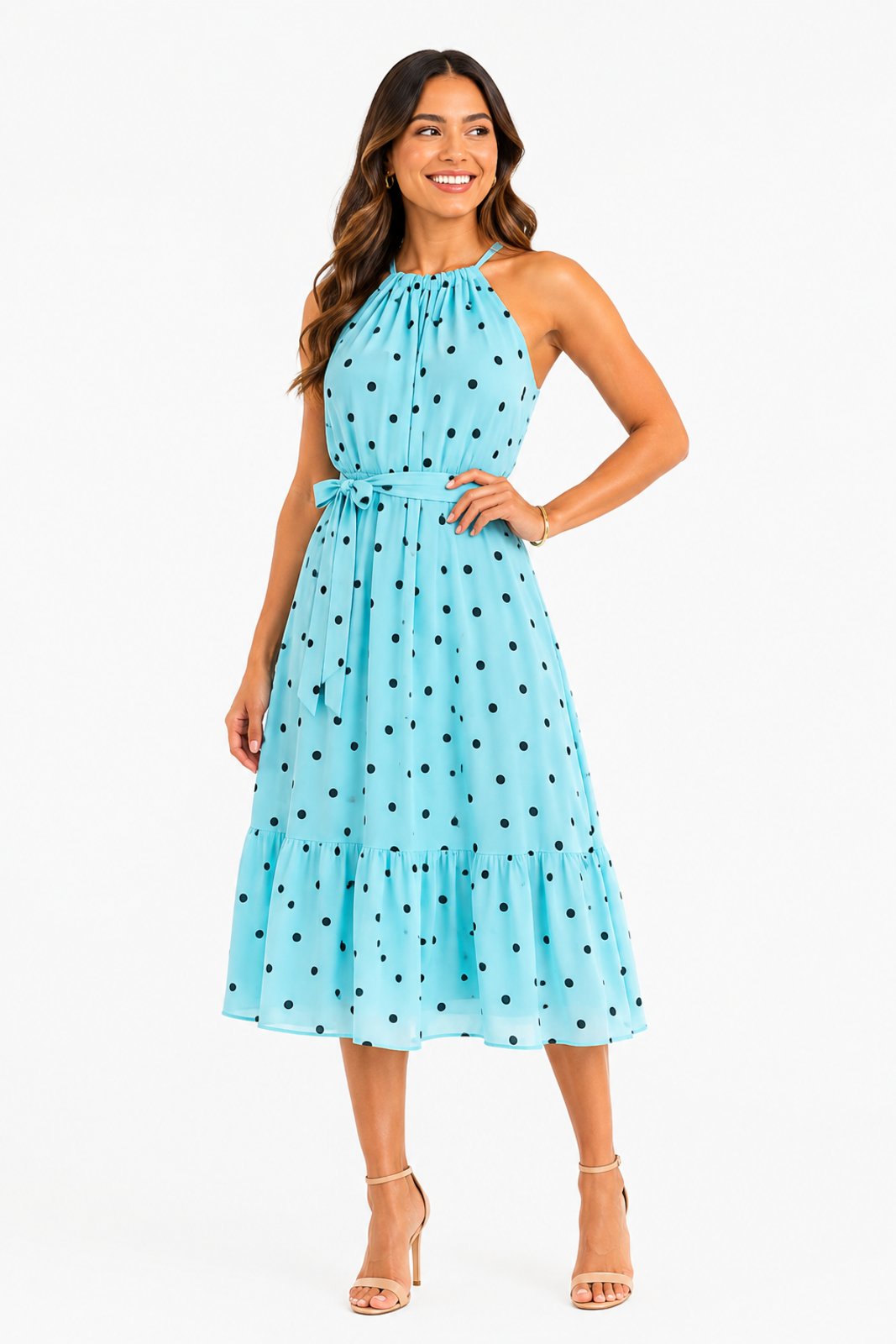Vestido Midi D Bell Outlet Fashion Tule Estampado Poá Azul Tiffany