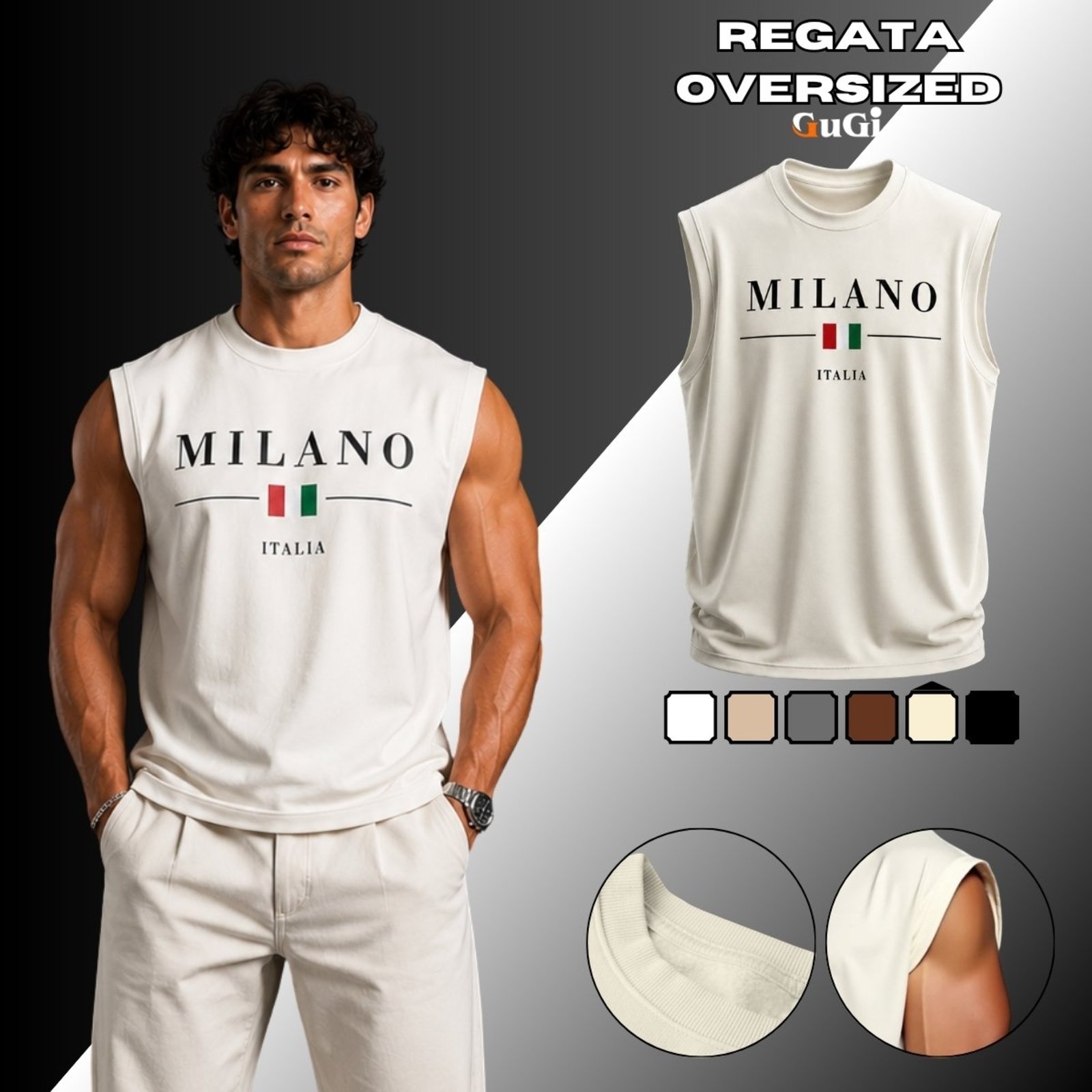 Camiseta Regata Masculina Oversized Estampada Milano Italia 100% Algodão 30.1 Off White