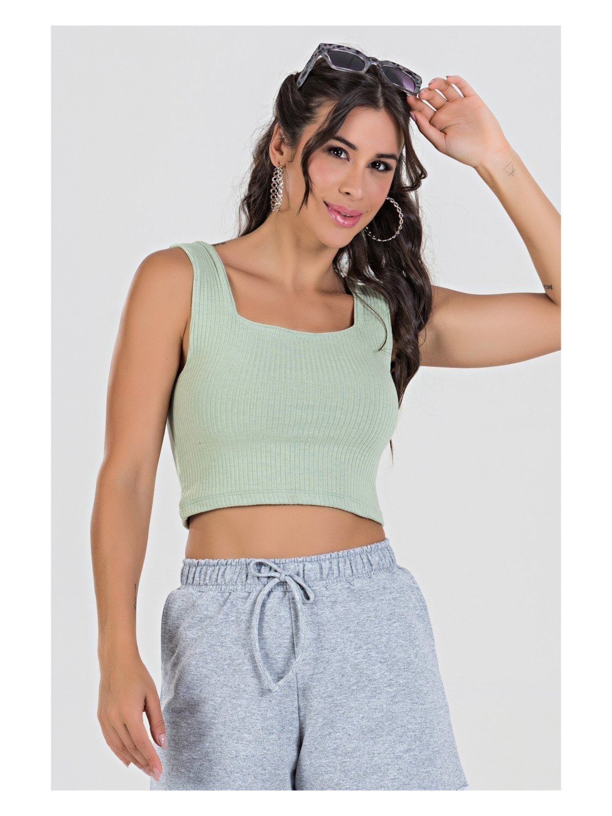 Blusa Cropped Ribana Canelada Verde Pistache