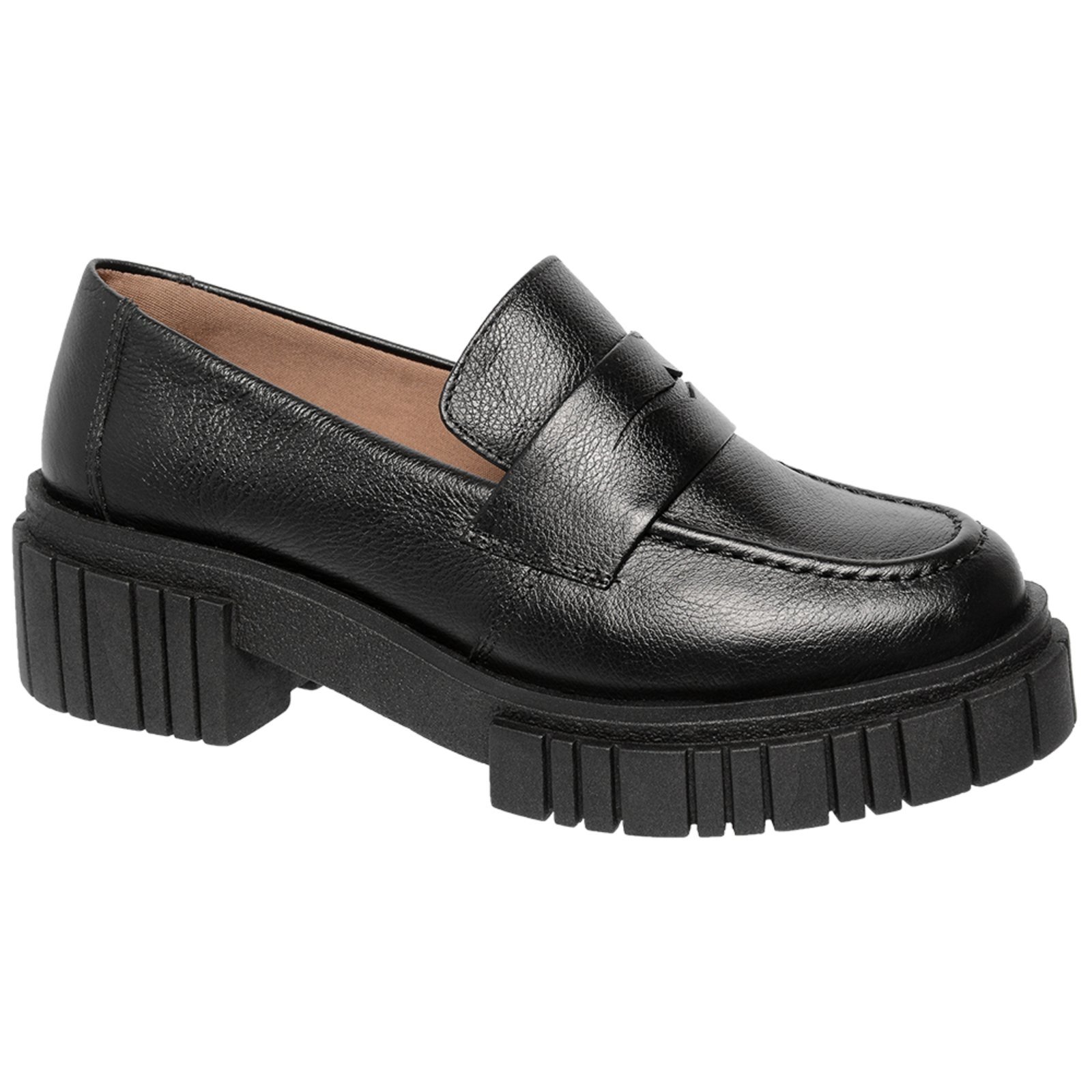 Vista 3 Sapato Feminino Mocassim Conforto Em Couro Sola Plataforma Preta Ferrile preto Ferrile preto