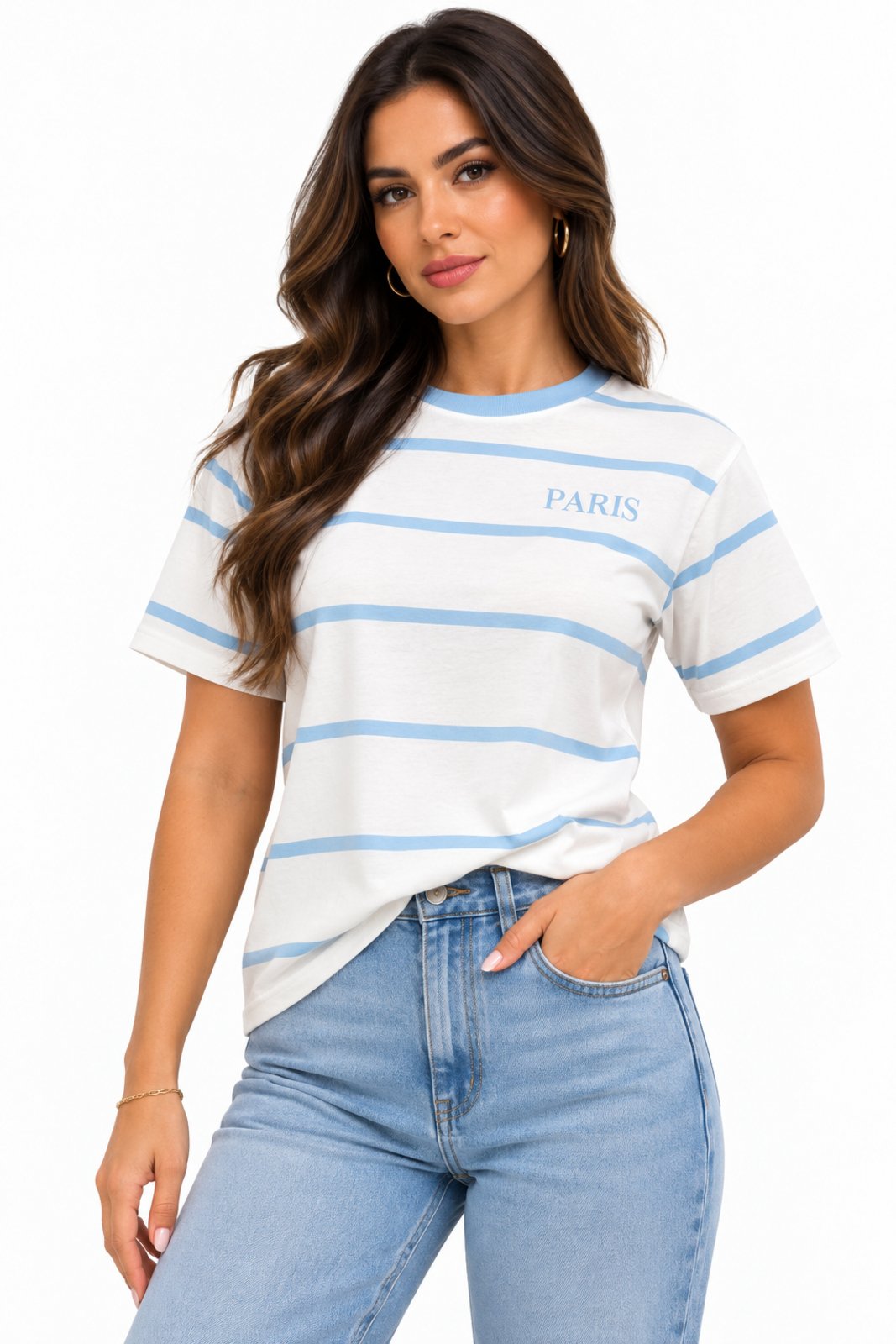 Camiseta Básica D Bell Outlet Fashion Listrada em Algodão Azul