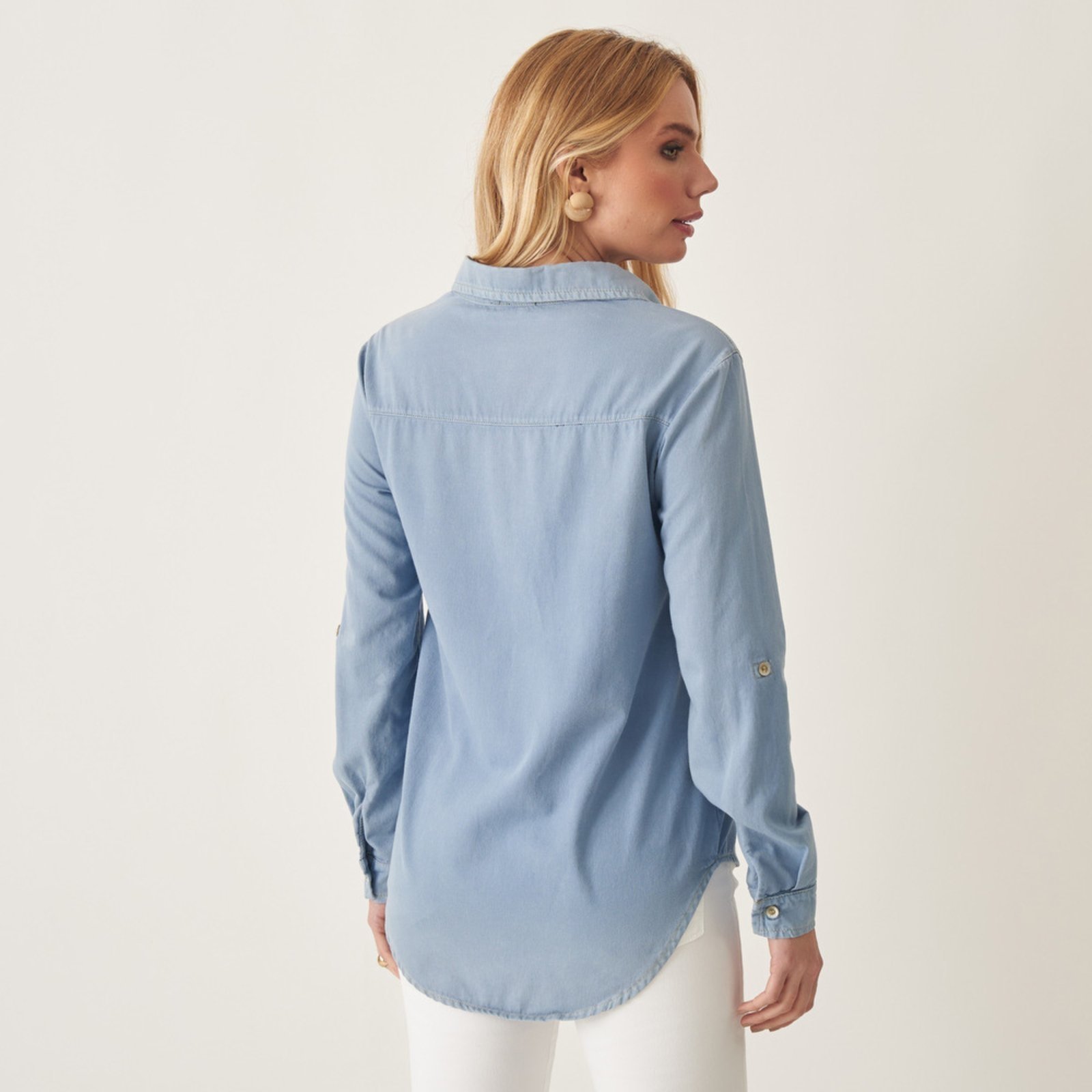Vista 3 Camisa Jeans Reta com Bolsos Frontais Bloom azul Bloom azul