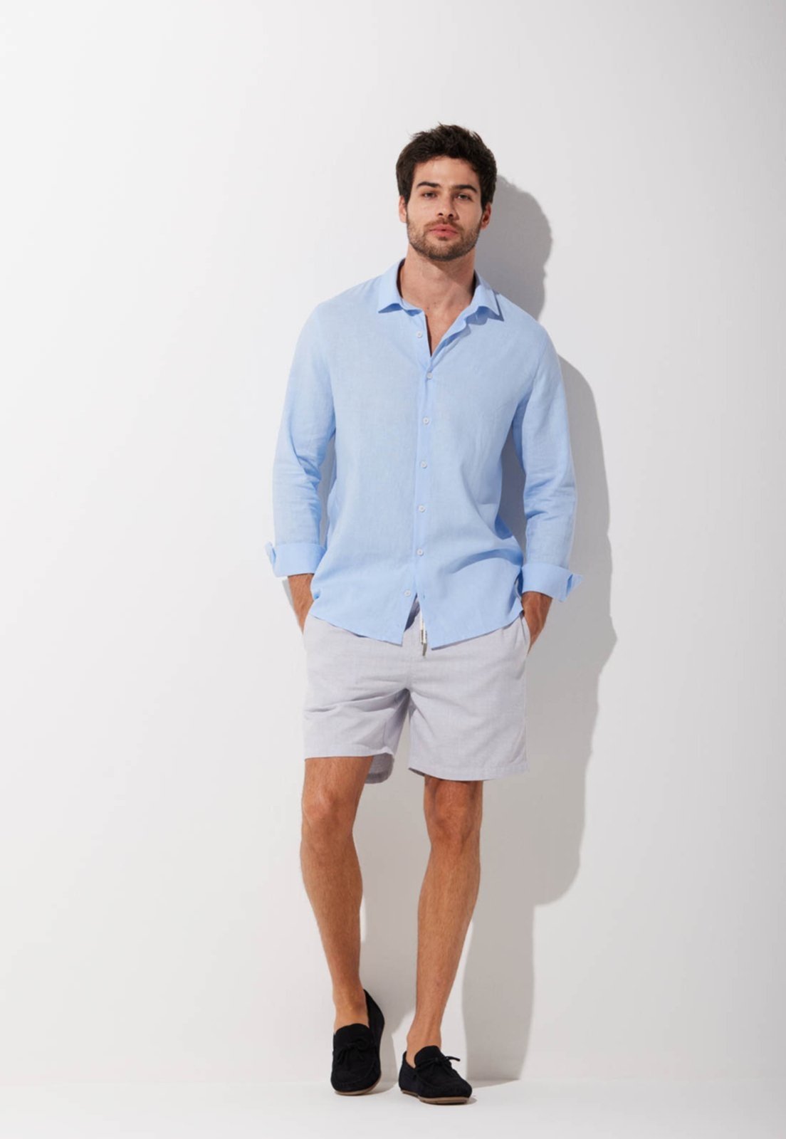 Vista 2 Camisa Linho Traymon Slim Manga Longa Claro azul Traymon azul
