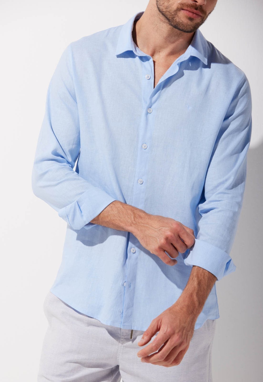 Vista 3 Camisa Linho Traymon Slim Manga Longa Claro azul Traymon azul
