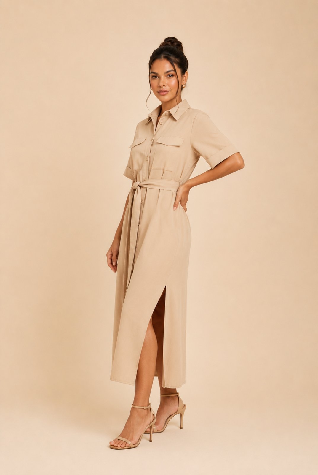 Vestido Chemise Lapetry Feminino Fenda Lateral Bege Social Básico