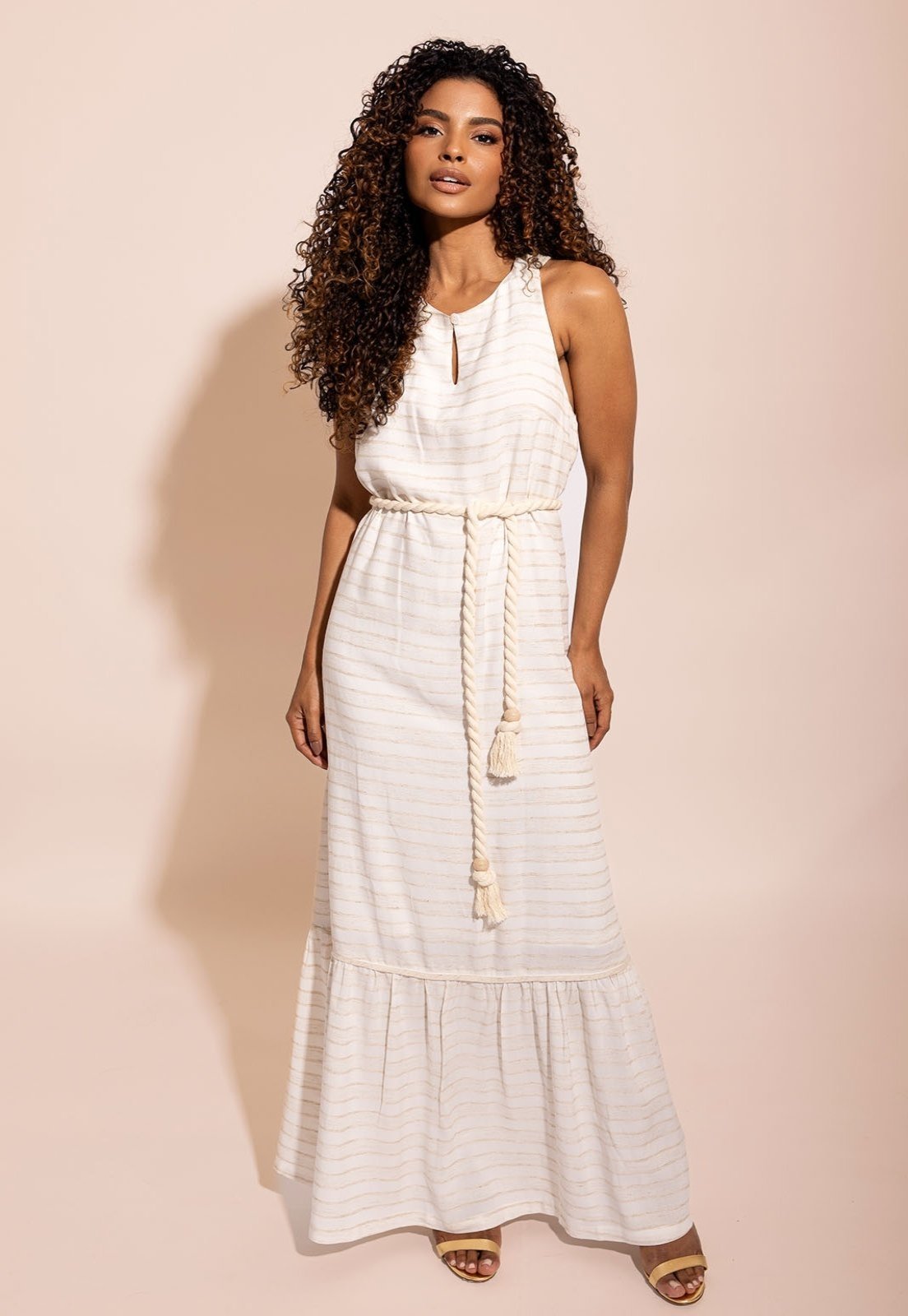 Vestido Longo Soltinho Listrado Off White