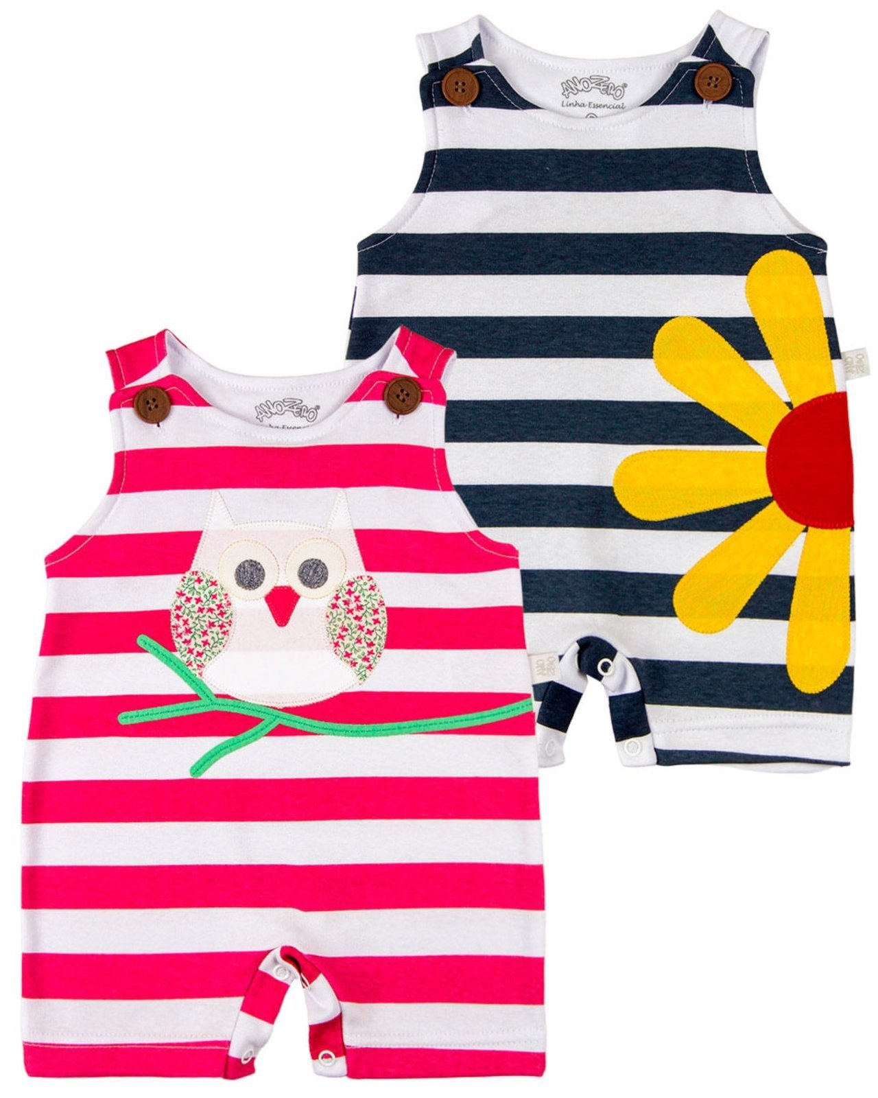 Infantil - Macacão Sem Manga Listrado Kit 2 Peças Coruja e Margarida - BRANCO