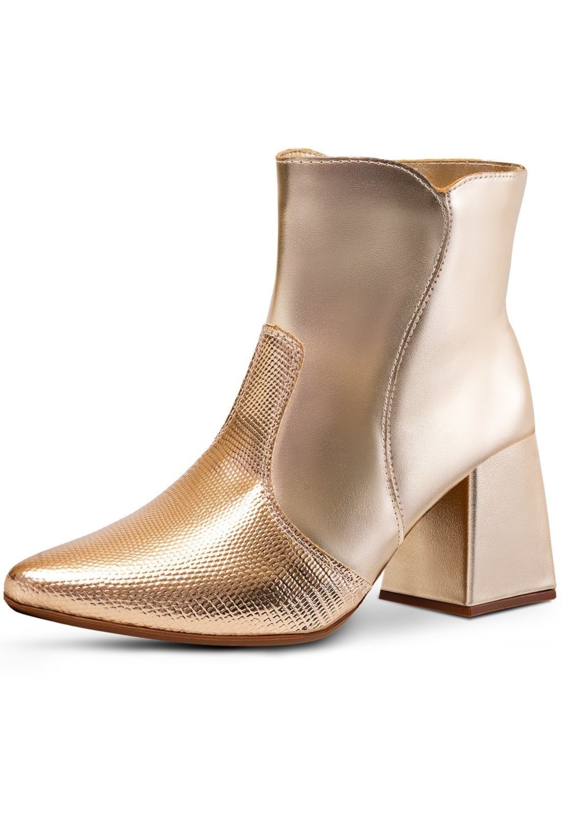 Bota Feminina Salto Bloco Lumiss Western Bico Fino Texana Cano Curto Metalizado Dourado