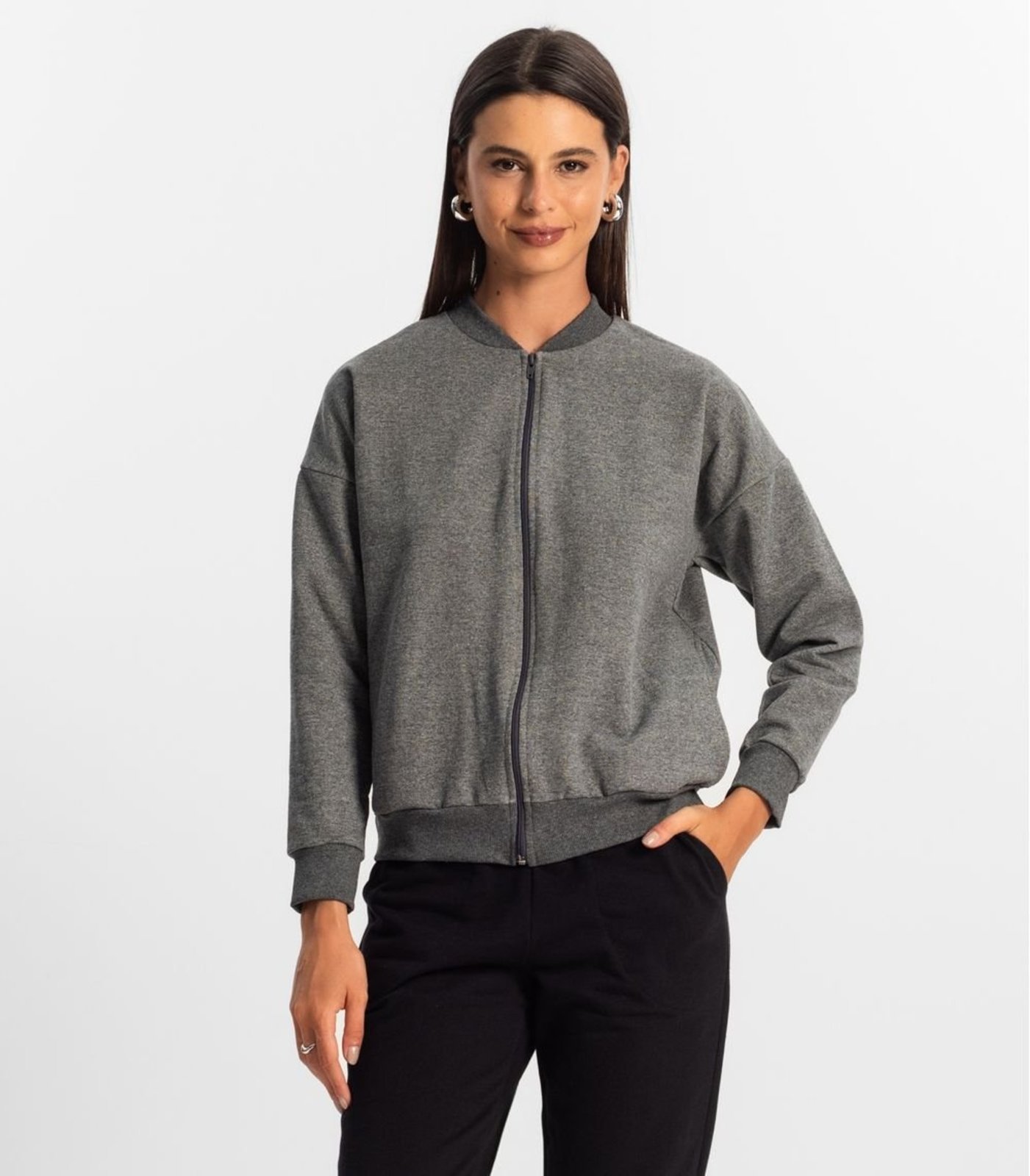 Vista 2 Jaqueta Feminina Básica de Moletom Rovitex Rovitex Básicos cinza Rovitex Básicos cinza
