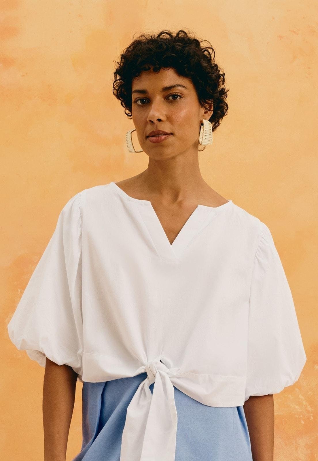 Blusa Manga Balonê Amarração Branco