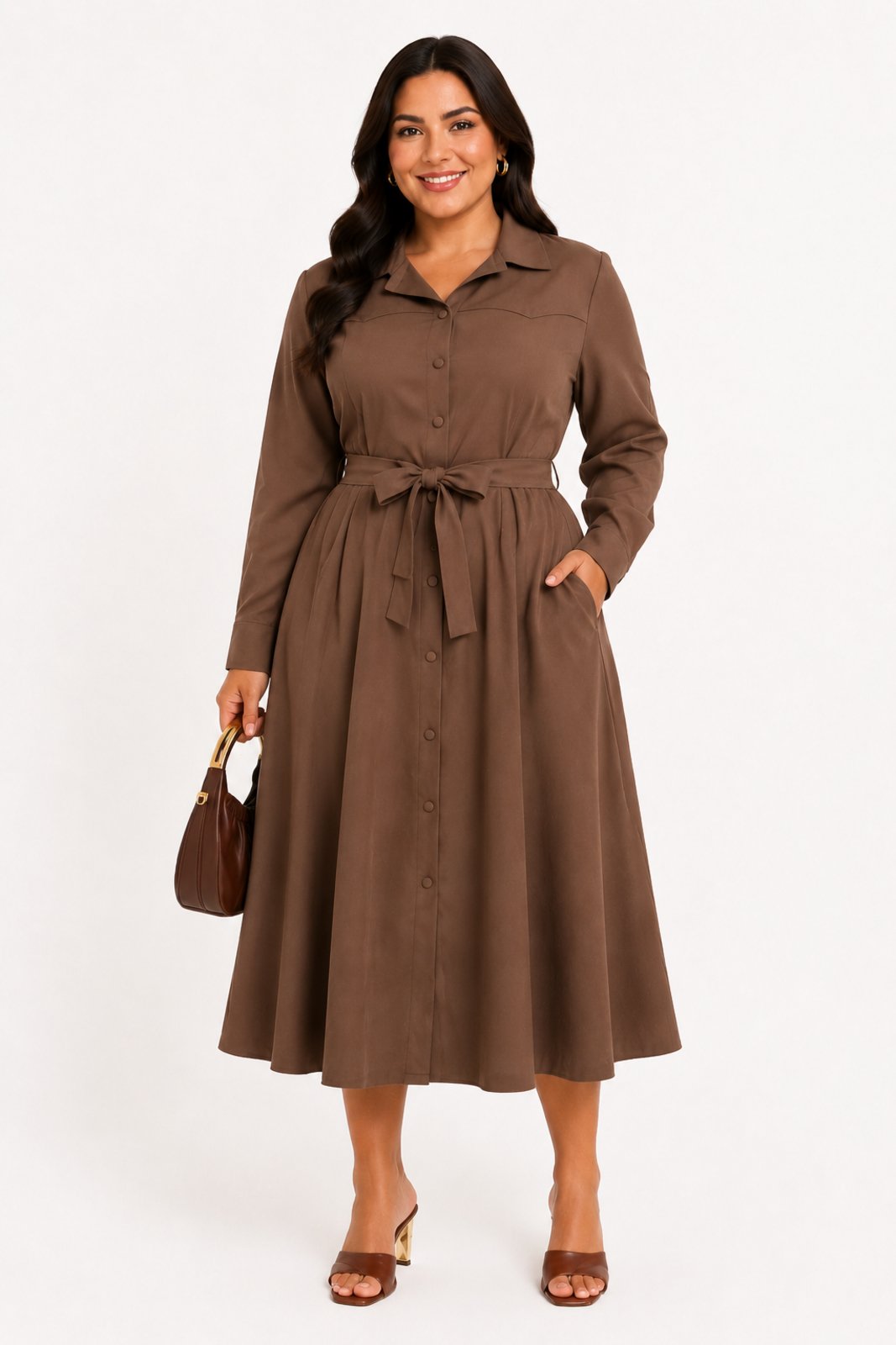 Vestido Midi D Bell Outlet Fashion Chemise Plus Botões Chocolate