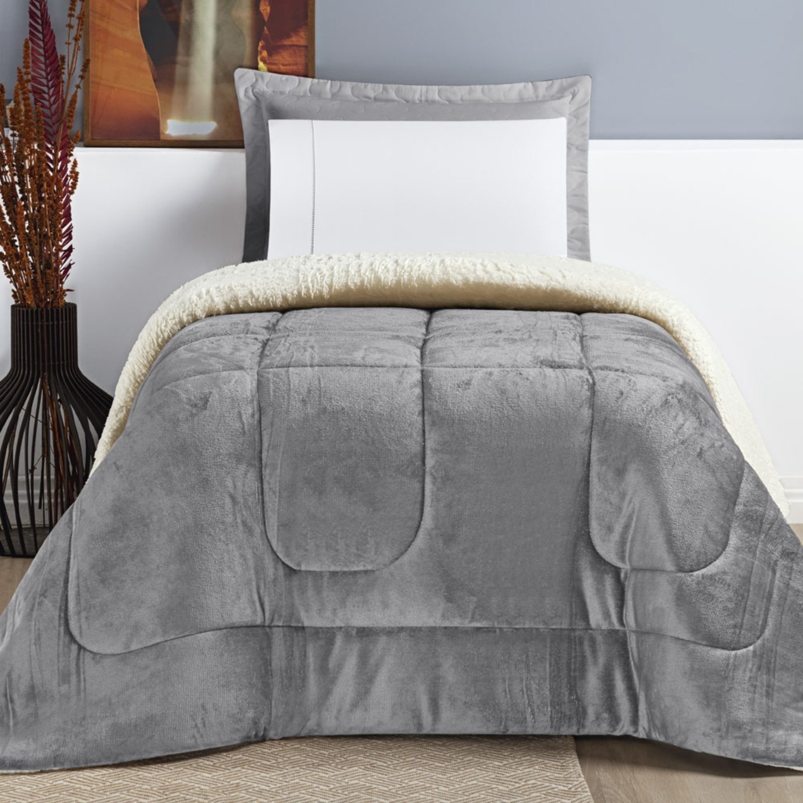 Coberdrom Casa Scarpa Apollo Solteiro Sherpa Manta Flannel Toque Lã de Carneiro - Cinza