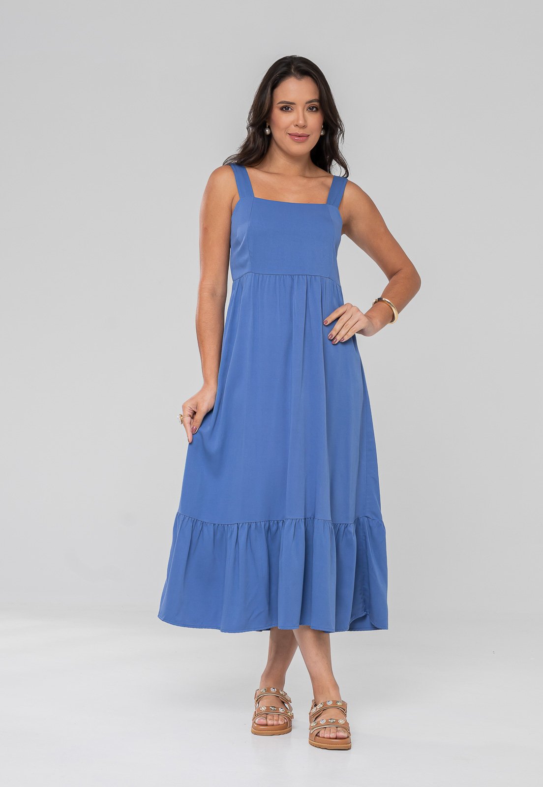 Vestido Aura Tuane Sarjado Liso Azul