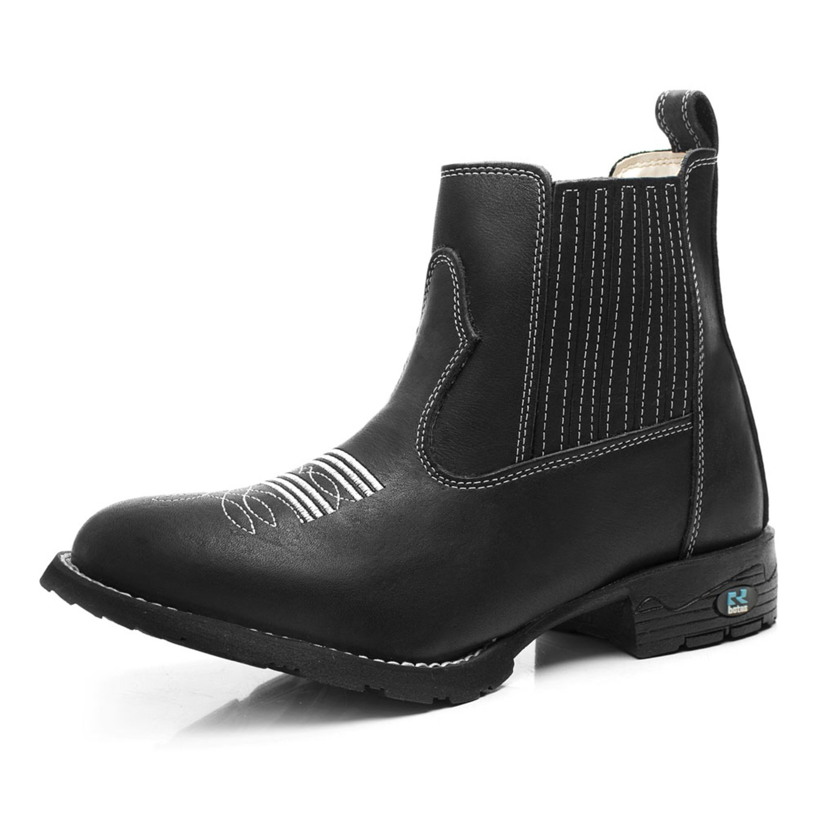 Bota Botina Masculina RR Botas Rodeio Couro Com Bordado Bico Redondo Preto