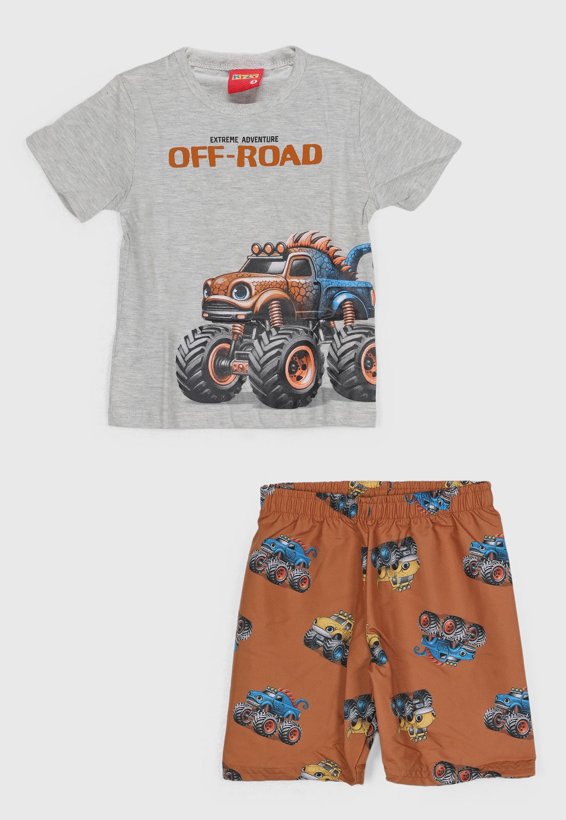 Conjunto Kyly Camiseta Estampada Cinza e Bermuda Laranja