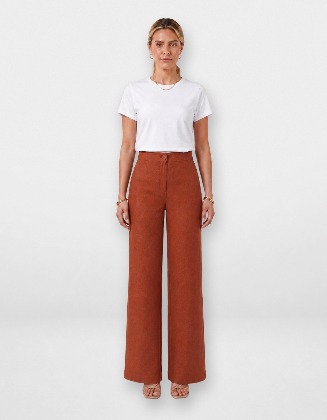 Calça Pantalona Feminina Pompier Alfaiataria em Linen Rústico Marrom