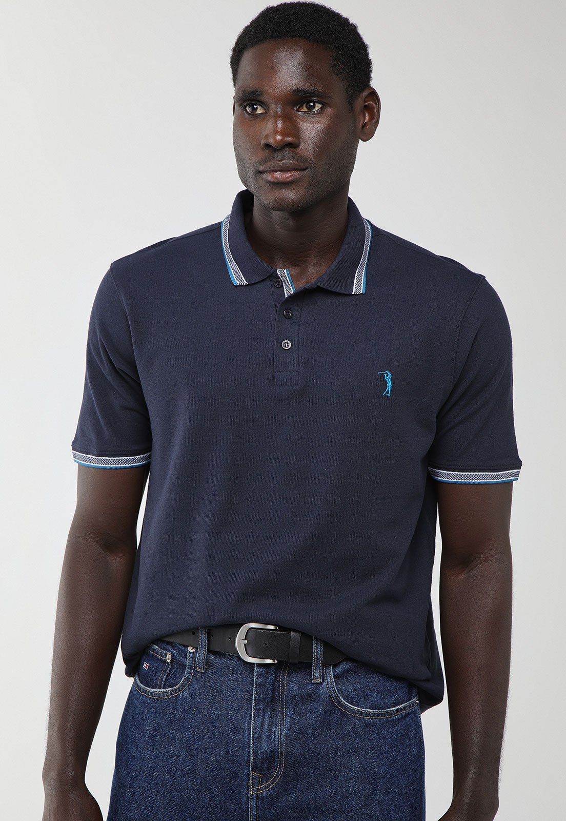 Polo Masculina Aleatory Detalhe Contrastante Azul Marinho