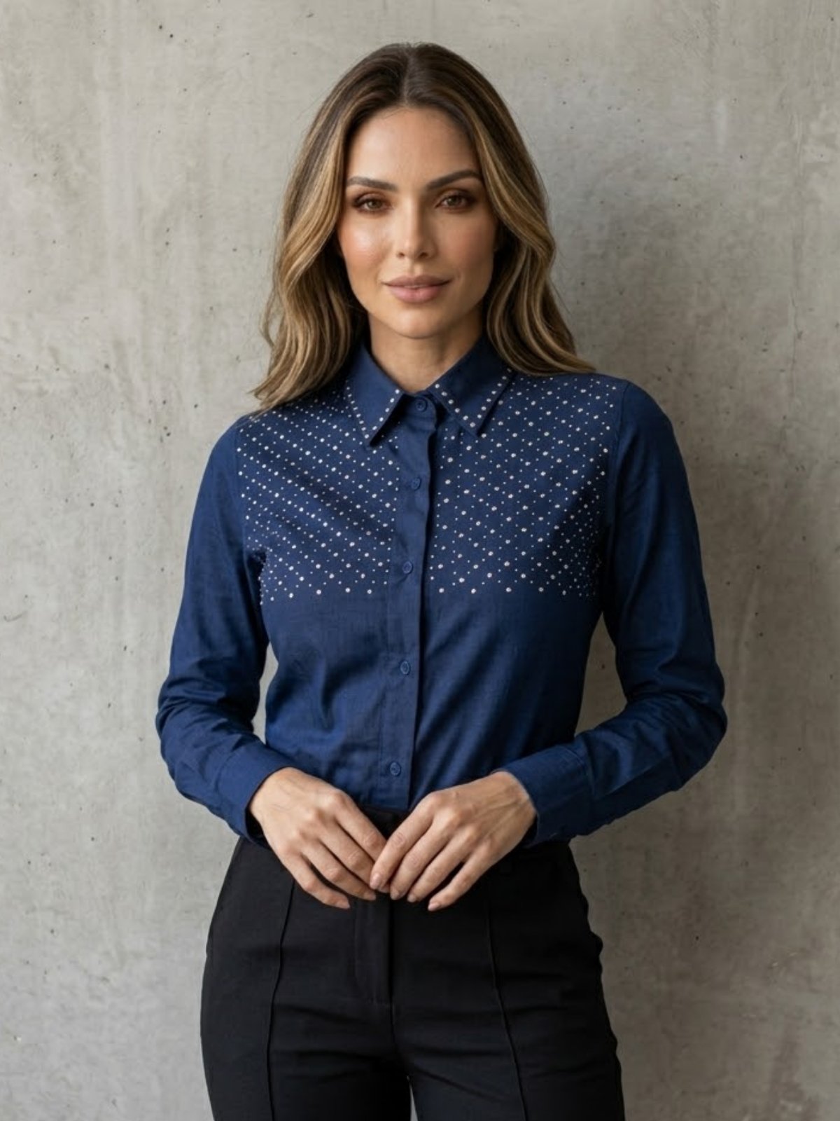Camisa Social Feminina azul marinho com strass em bloco no busto superior Premium Blusa com Manga Longa