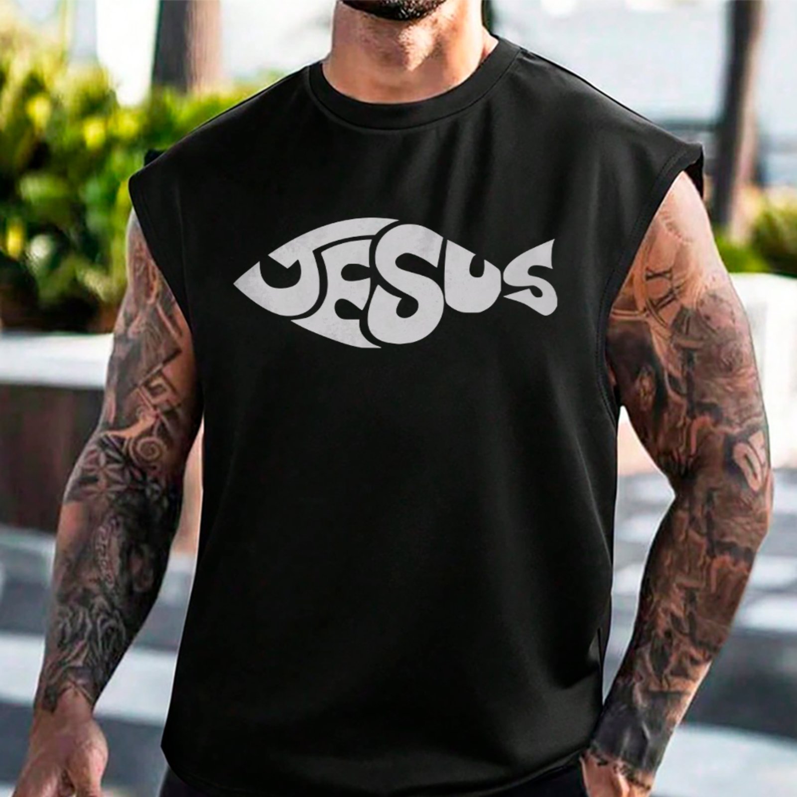 Camiseta Regata Machão Religiosa Jesus Fish Ichthys Faith Style Preto