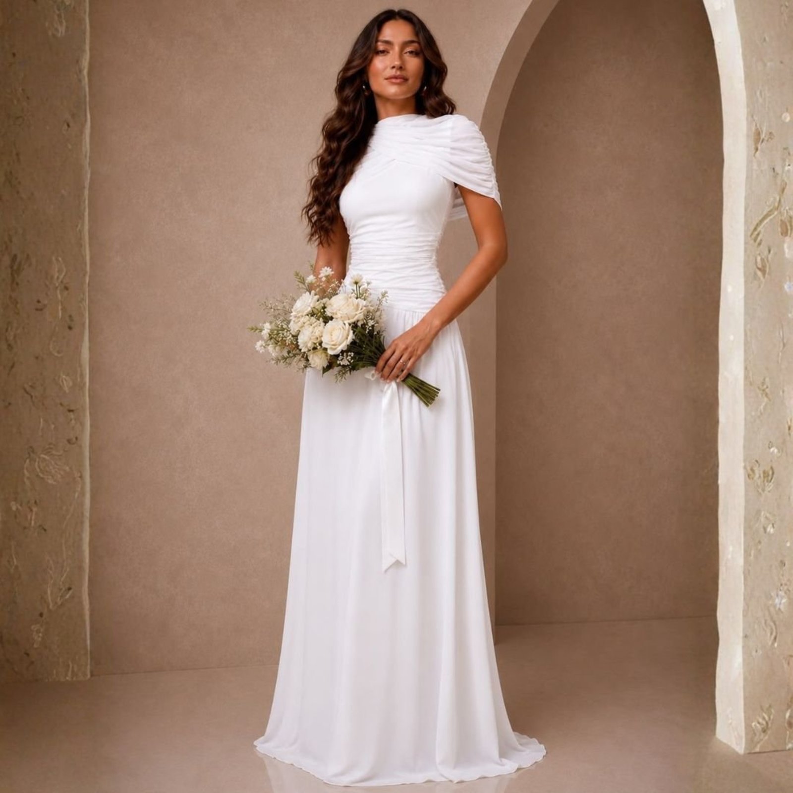 Vestido Longo Noiva Manga curta Capa removivel Drapeado em Tule Festa Elegante Casamento