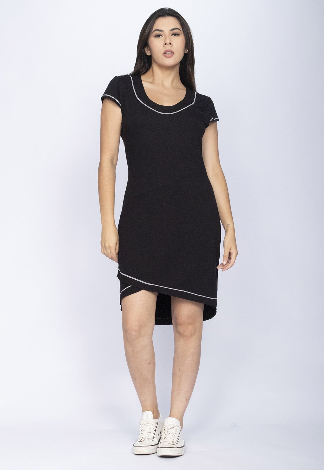Vestido CabanaFree Mullet Malha Transpassado com Detalhe Branco Preto