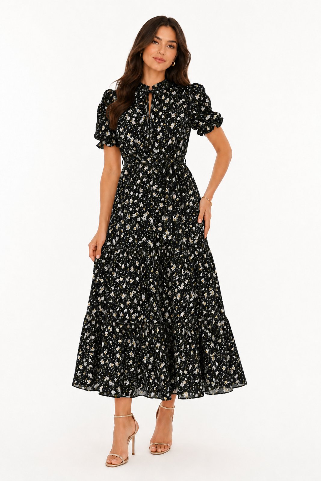 Vestido Midi D Bell Outlet Fashion Chiffon Manga Princesa Preto