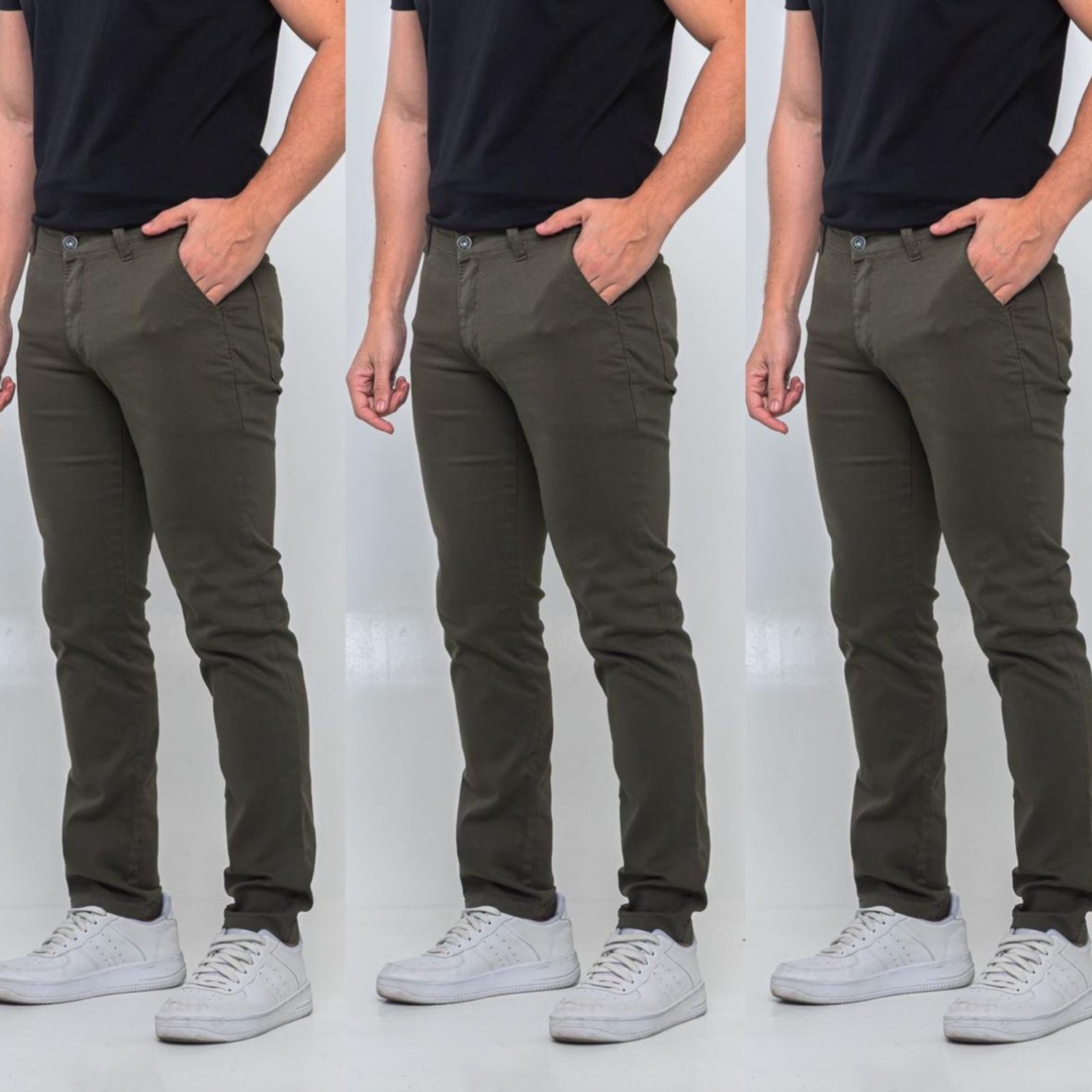 KIT 3 Calças Sarja Masculina Tempo Hábil Alfaiatada Skinny Verde Militar