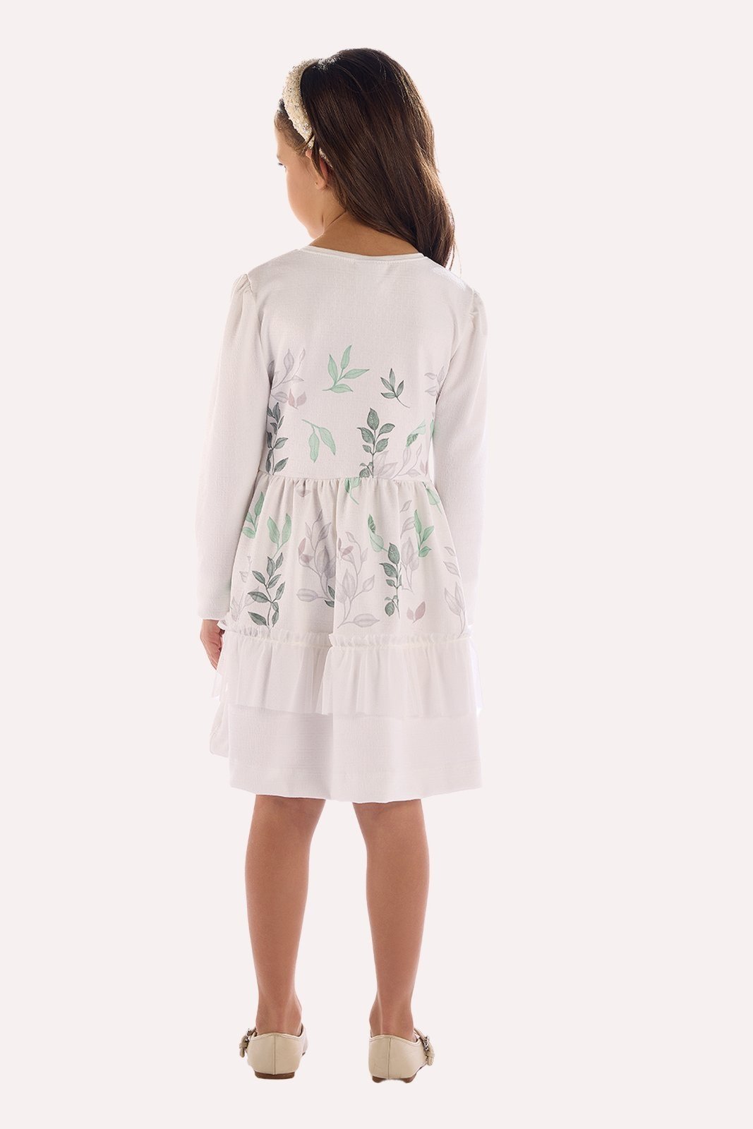Infantil - Vestido Off com Estampa de Folhas Verde e Aplique em Strass