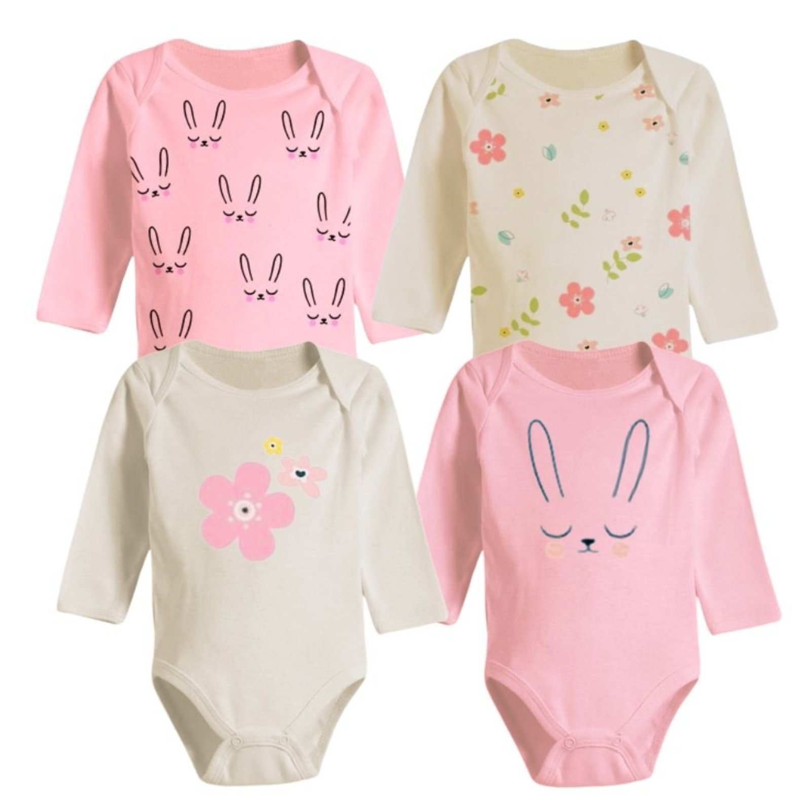 Infantil - Kit Enxoval Roupa de 4 Peças Body Manga Longa Estampado Rosa