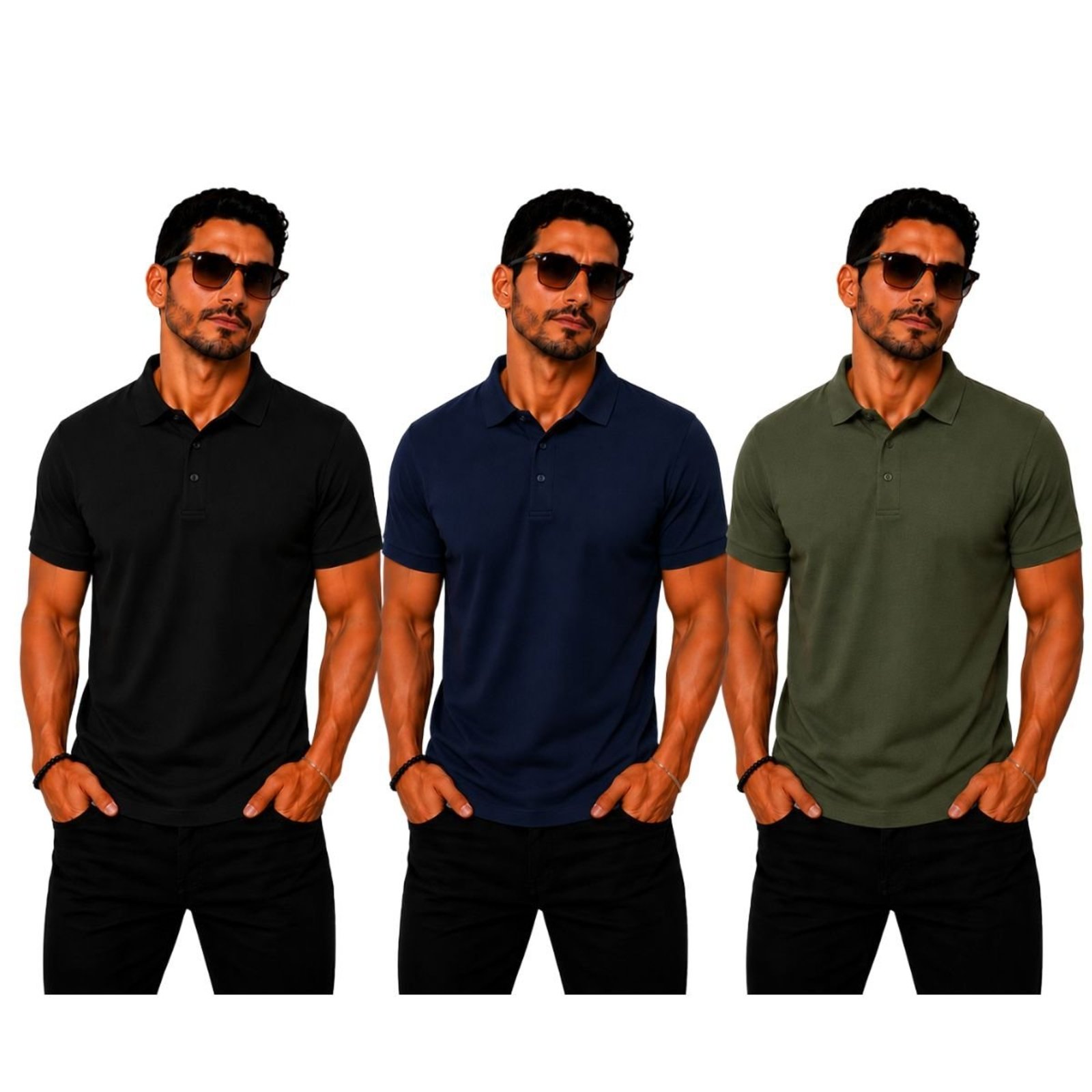 Kit 3 Camisas Polo Poliamida Masculina Básica Premium Multicolorido