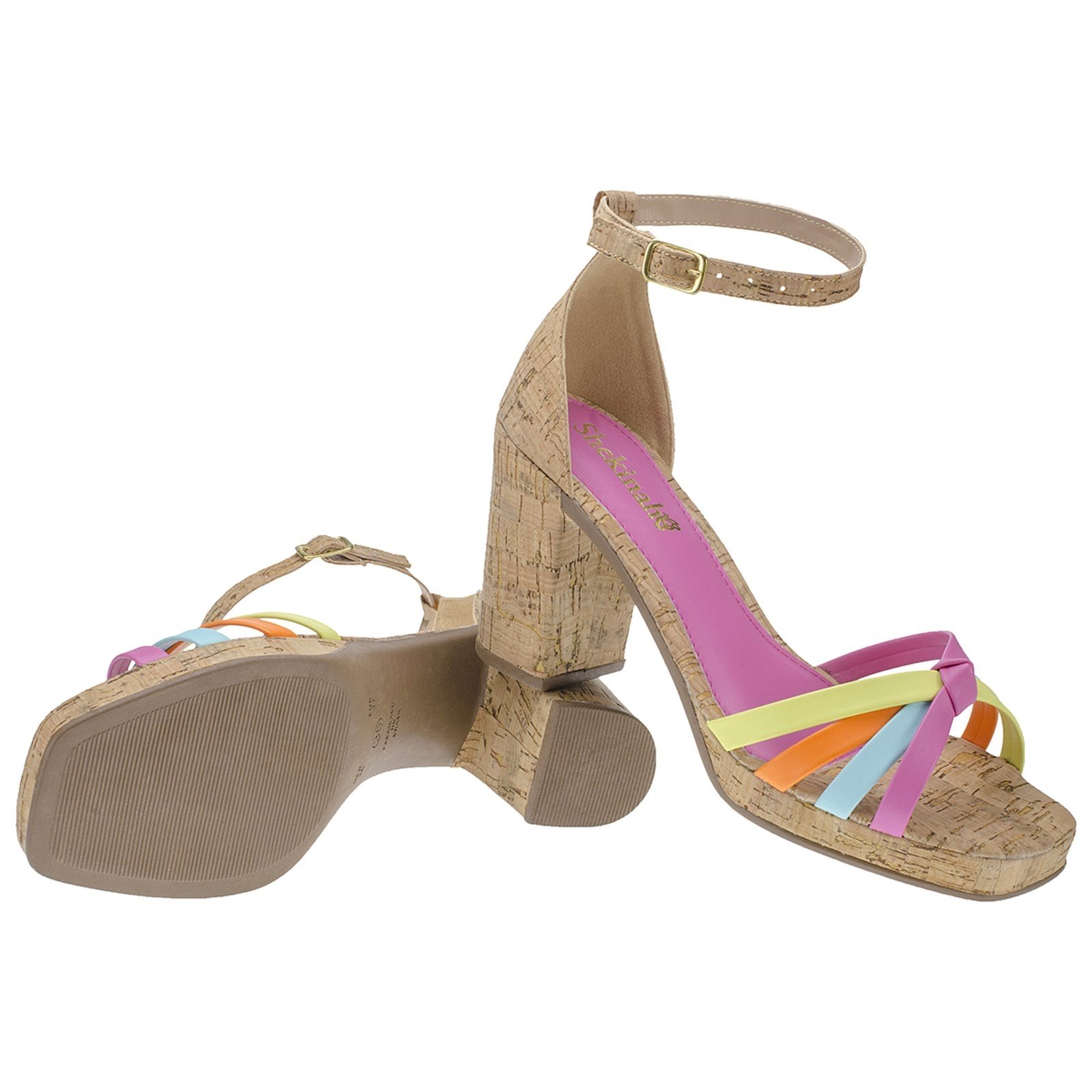 Vista 2 Sandália Feminina Meia Pata Salto Alto Bloco Quadrado Shekinah Confortável Cortiça multicolorido Shekinah multicolorido