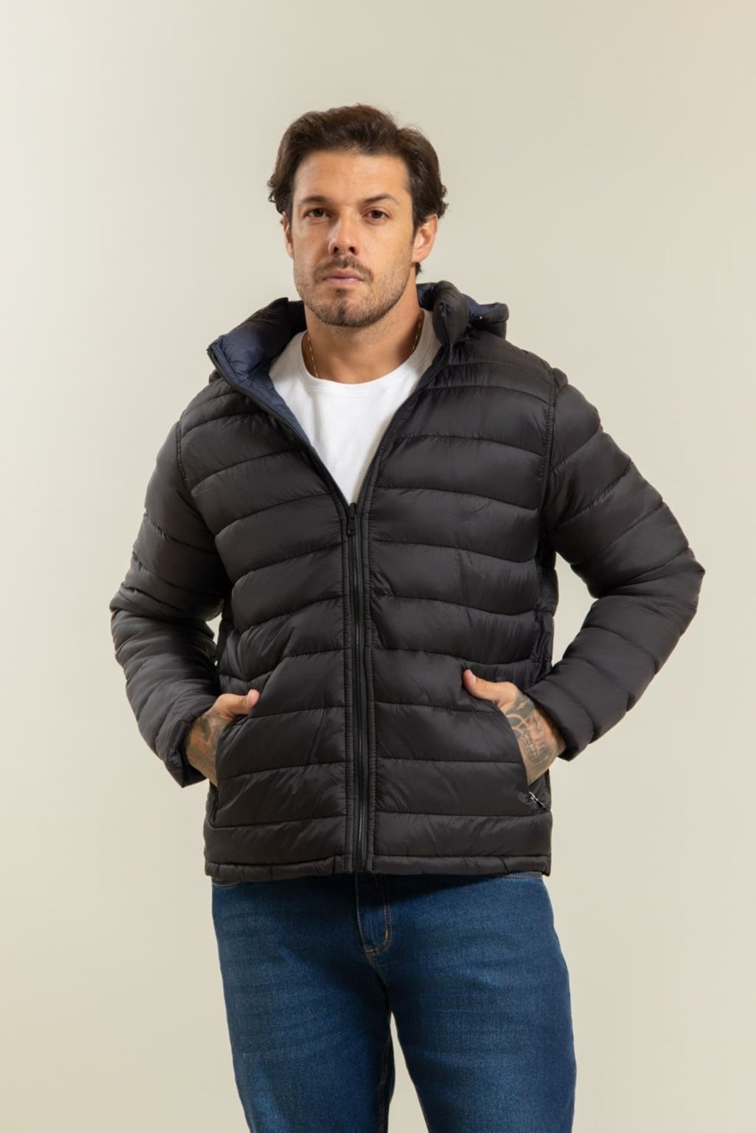 Jaqueta Masculina Puffer Dupla Face com Capuz Removível Dialogo